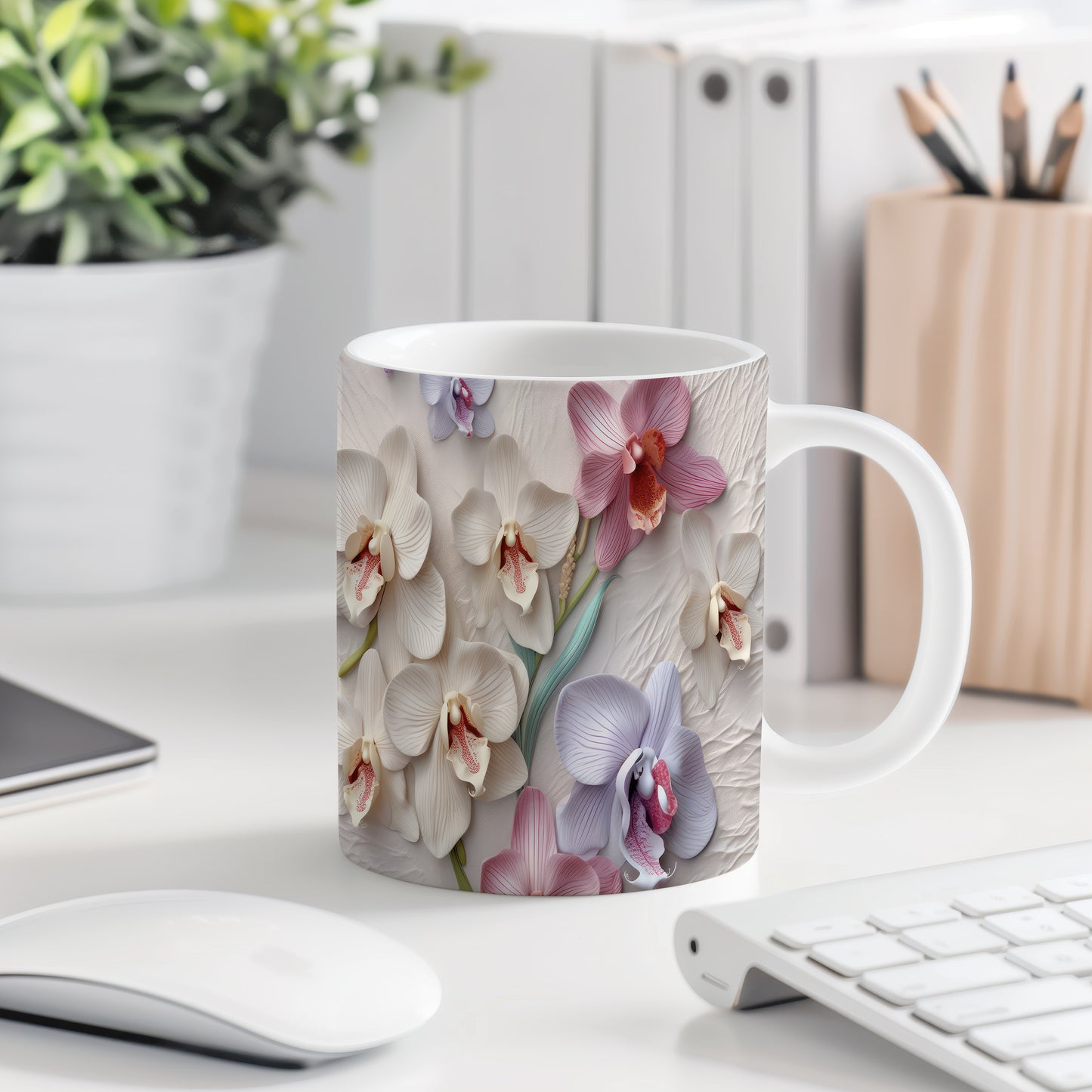 Hrnek s elegantními orchidejemi – bílým provedením