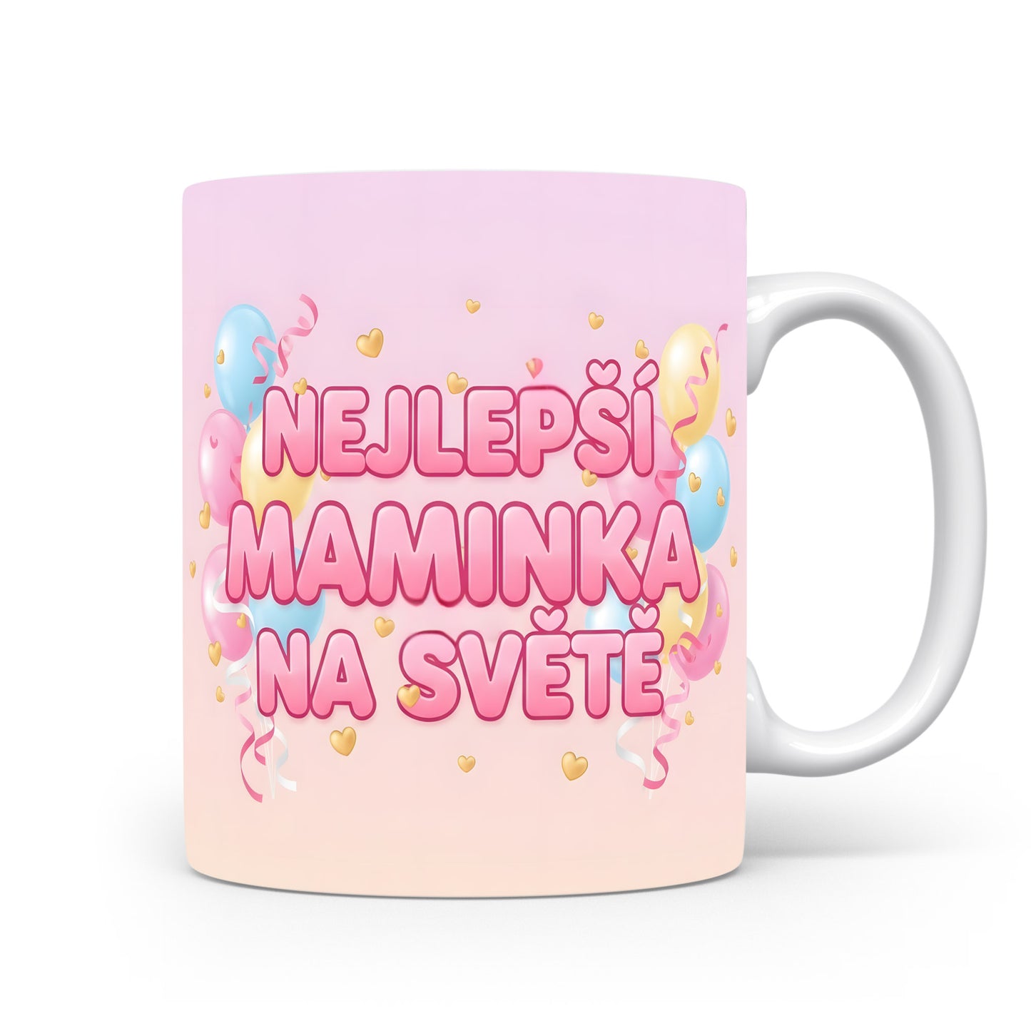 Hrnek NEJLEPŠÍ MAMINKA NA SVĚTĚ – pastelové balónky a zlatá srdíčka – varianta 11