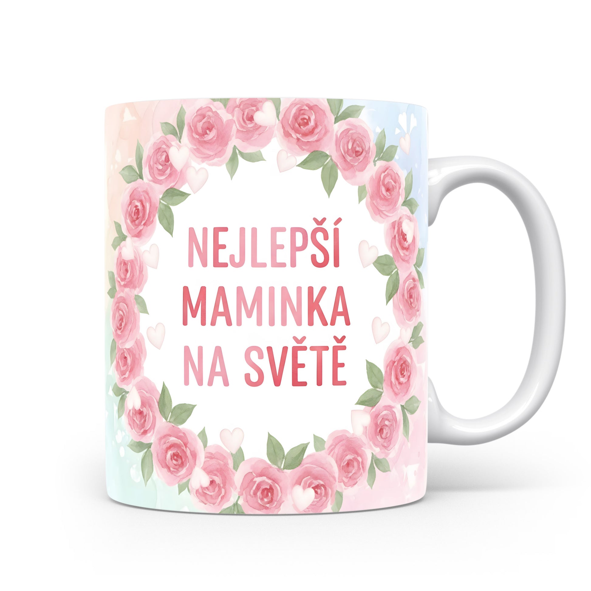Hrnek Nejlepší maminka na světě – růžové růže v pastelovém věnci – varianta 11