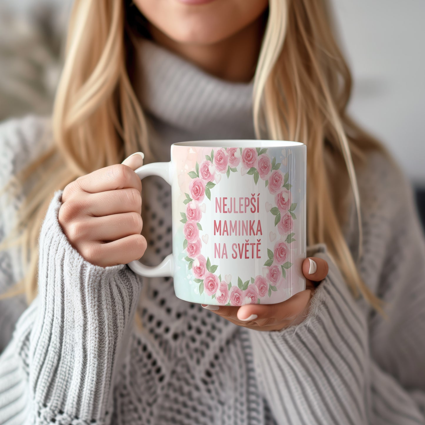 Hrnek Nejlepší maminka na světě – růžové růže v pastelovém věnci – varianta 22