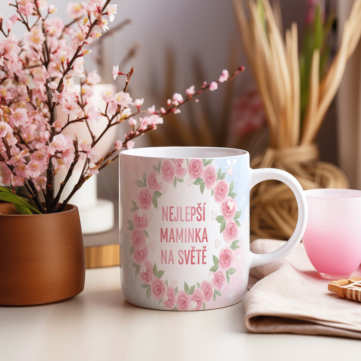 Hrnek Nejlepší maminka na světě – růžové růže v pastelovém věnci – varianta 55
