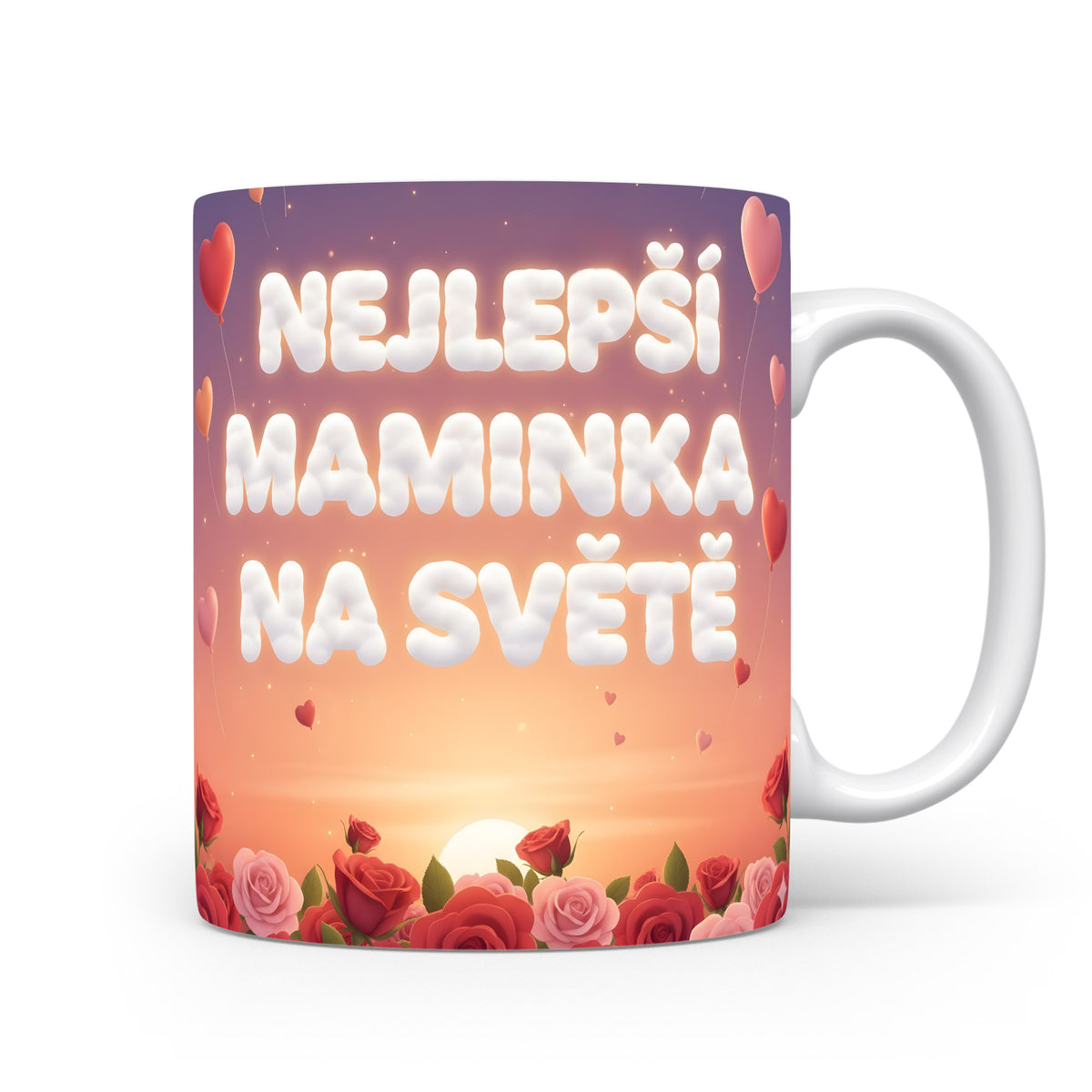 Hrnek NEJLEPŠÍ MAMINKA NA SVĚTĚ – růžové růže a srdíčka při západu slunce – varianta 11