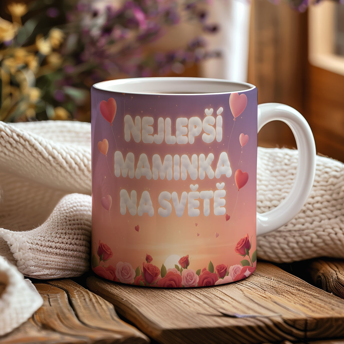 Hrnek NEJLEPŠÍ MAMINKA NA SVĚTĚ – růžové růže a srdíčka při západu slunce – varianta 44