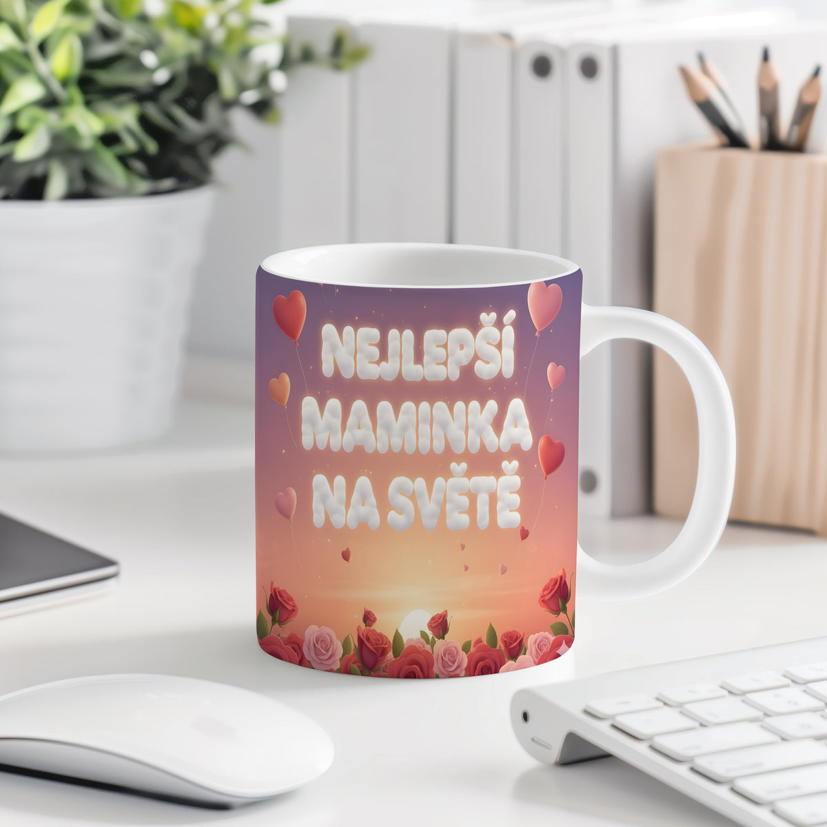 Hrnek NEJLEPŠÍ MAMINKA NA SVĚTĚ – růžové růže a srdíčka při západu slunce – varianta 77