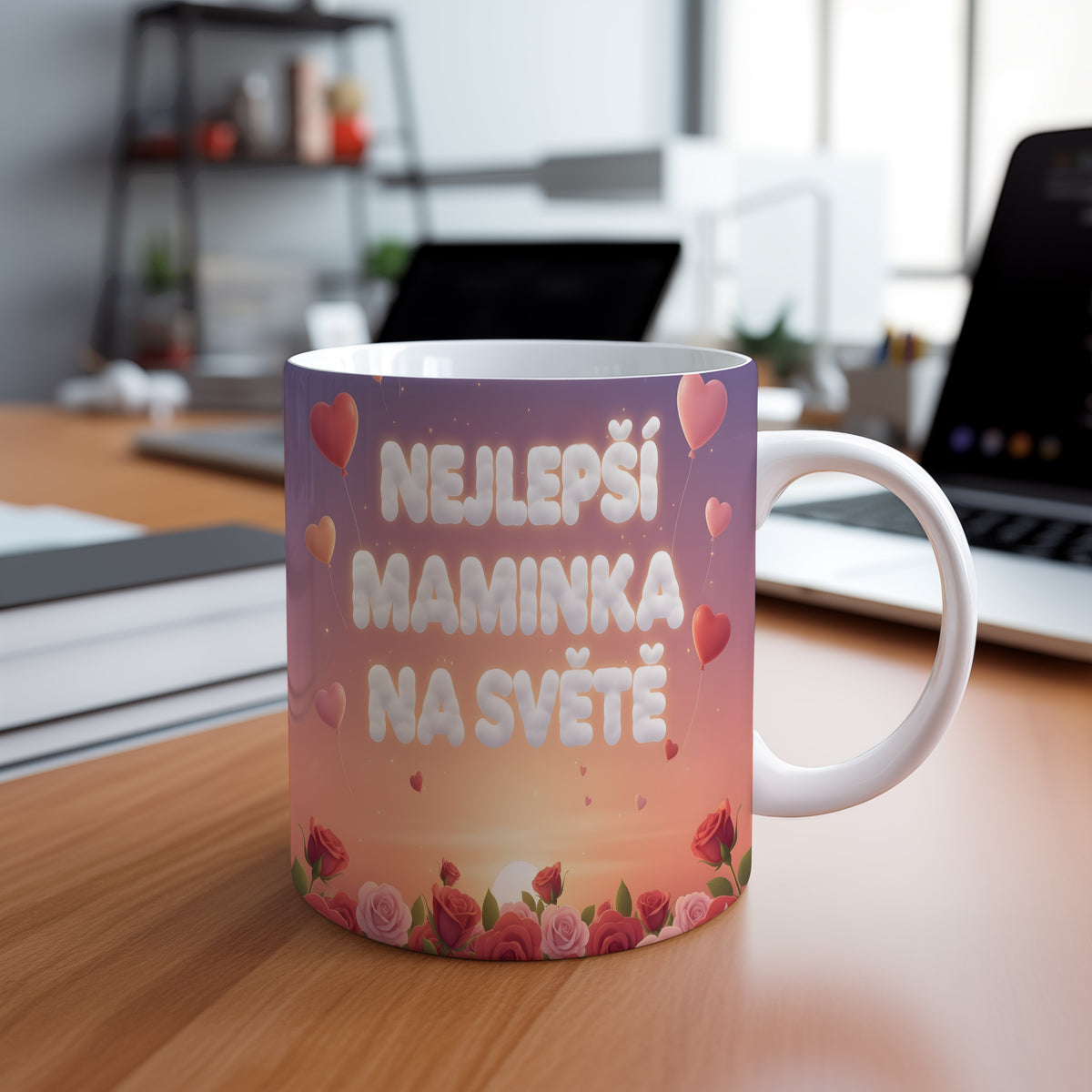 Hrnek NEJLEPŠÍ MAMINKA NA SVĚTĚ – růžové růže a srdíčka při západu slunce – varianta 88