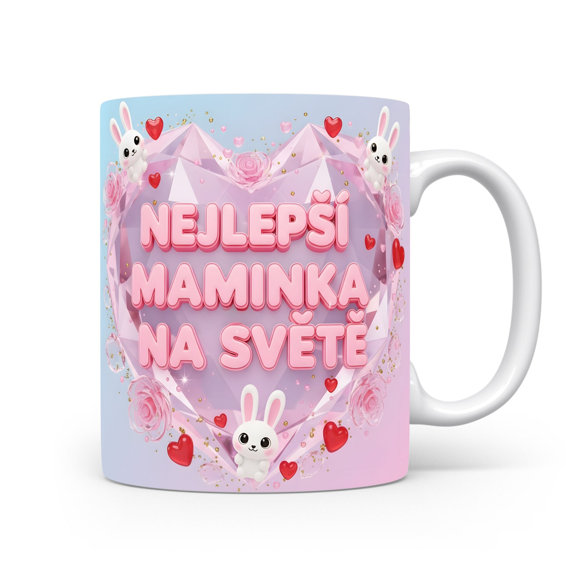 Hrnek NEJLEPŠÍ MAMINKA NA SVĚTĚ – pastelové srdce s králíčky a růžemi – varianta 11