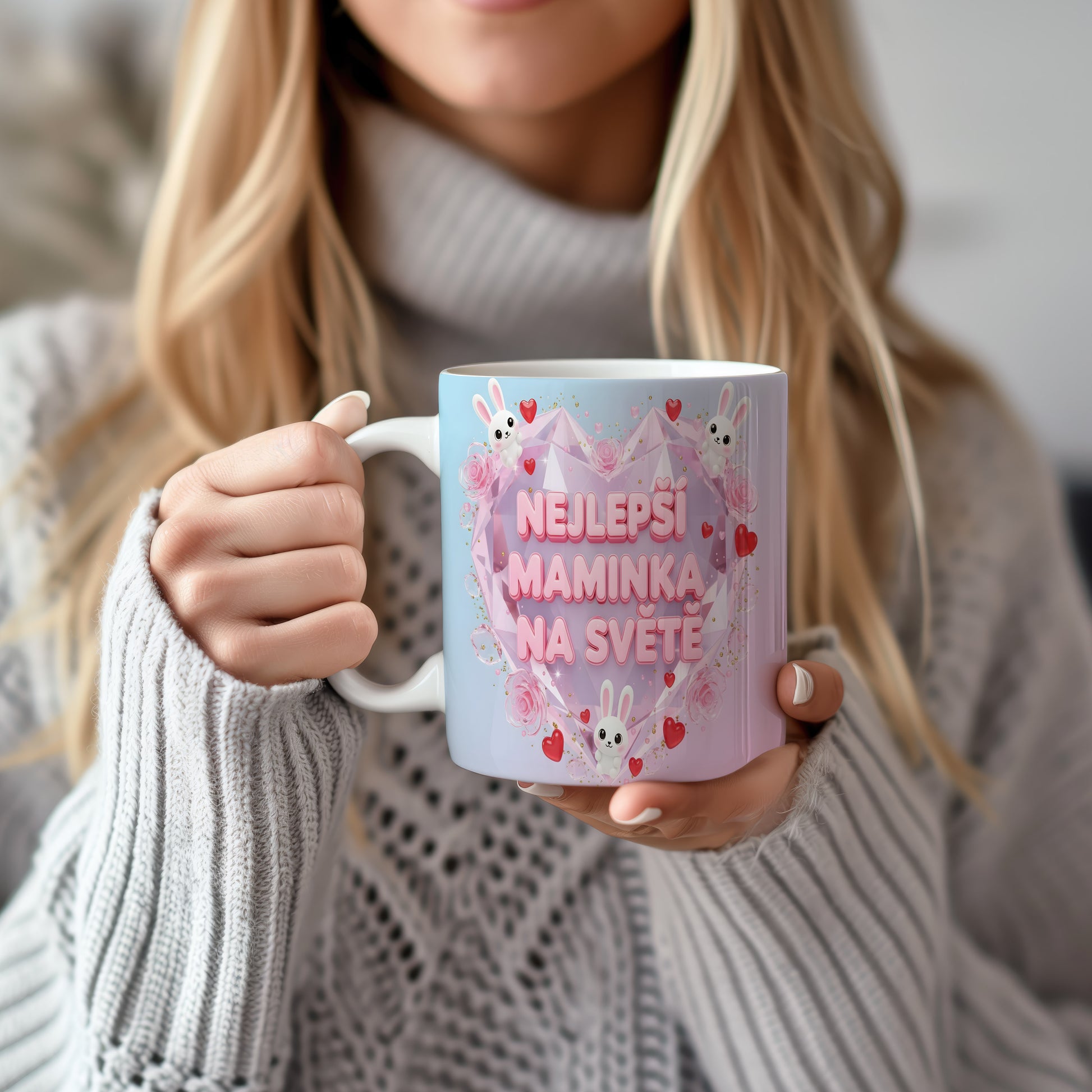 Hrnek NEJLEPŠÍ MAMINKA NA SVĚTĚ – pastelové srdce s králíčky a růžemi – varianta 22