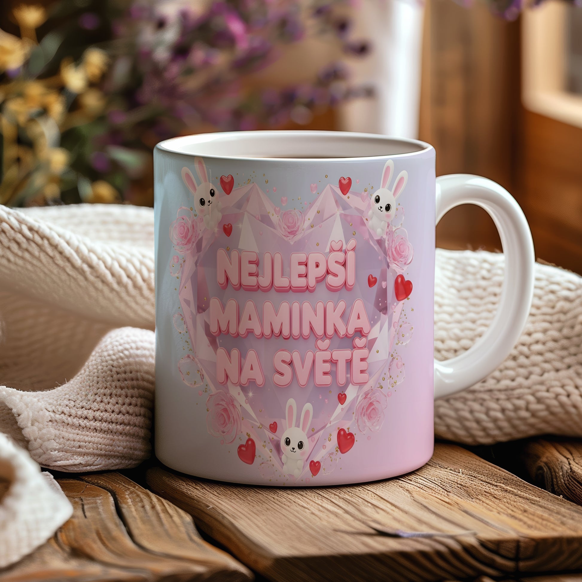 Hrnek NEJLEPŠÍ MAMINKA NA SVĚTĚ – pastelové srdce s králíčky a růžemi – varianta 44