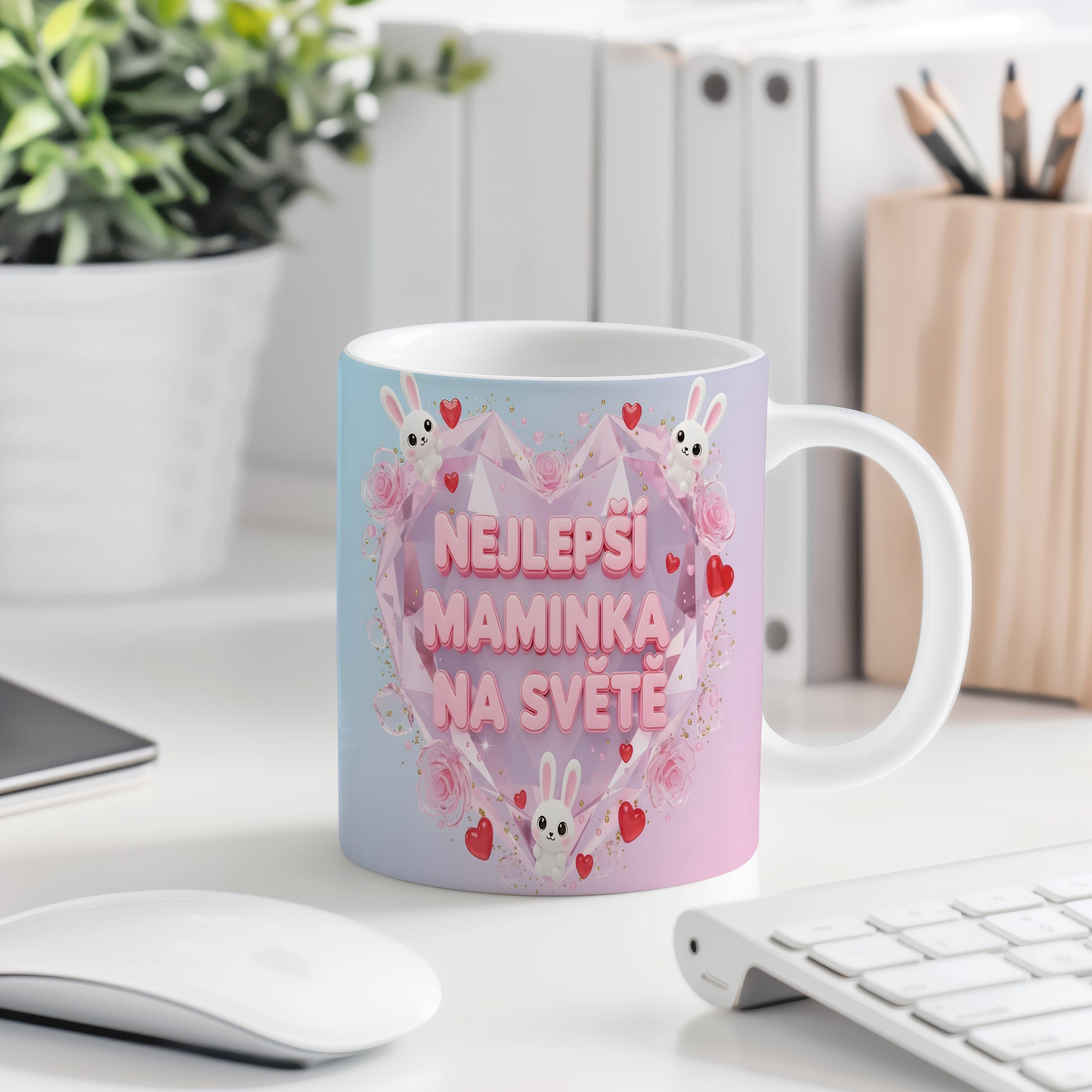 Hrnek NEJLEPŠÍ MAMINKA NA SVĚTĚ – pastelové srdce s králíčky a růžemi – varianta 77