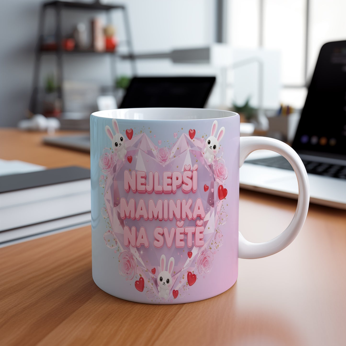 Hrnek NEJLEPŠÍ MAMINKA NA SVĚTĚ – pastelové srdce s králíčky a růžemi – varianta 88