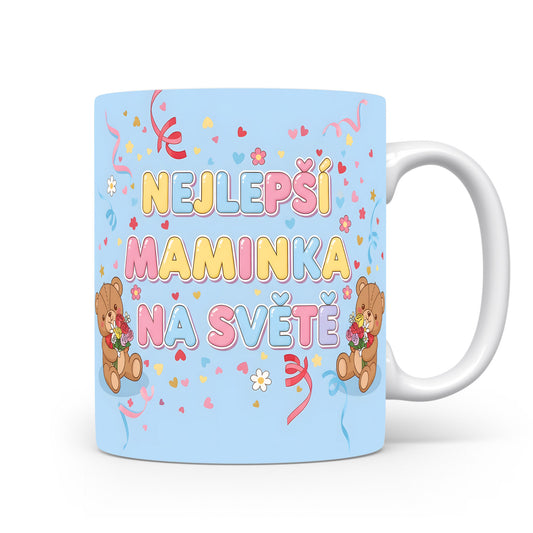 Hrnek NEJLEPŠÍ MAMINKA NA SVĚTĚ – roztomilí medvídci a pastelové srdíčka – varianta 11