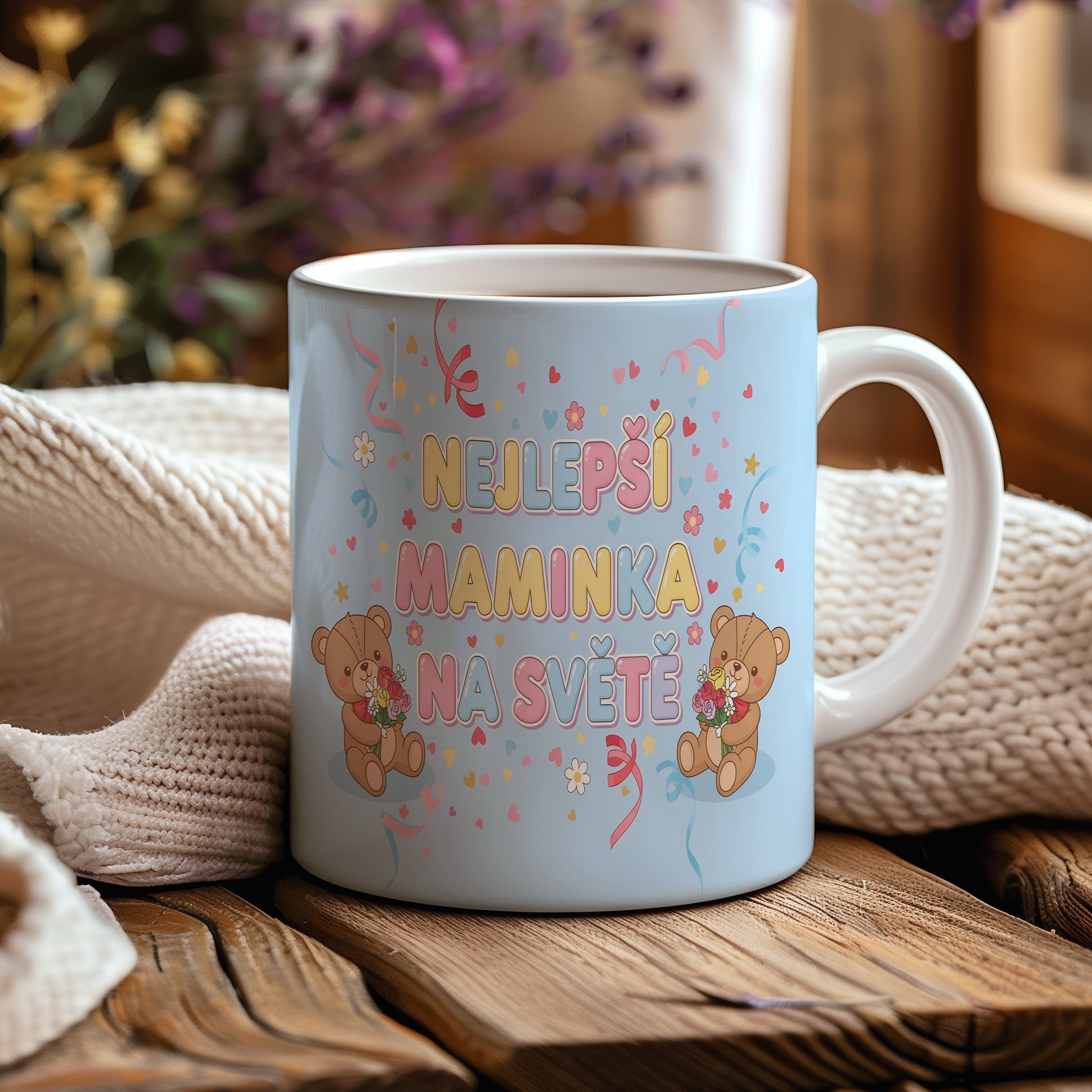 Hrnek NEJLEPŠÍ MAMINKA NA SVĚTĚ – roztomilí medvídci a pastelové srdíčka – varianta 44