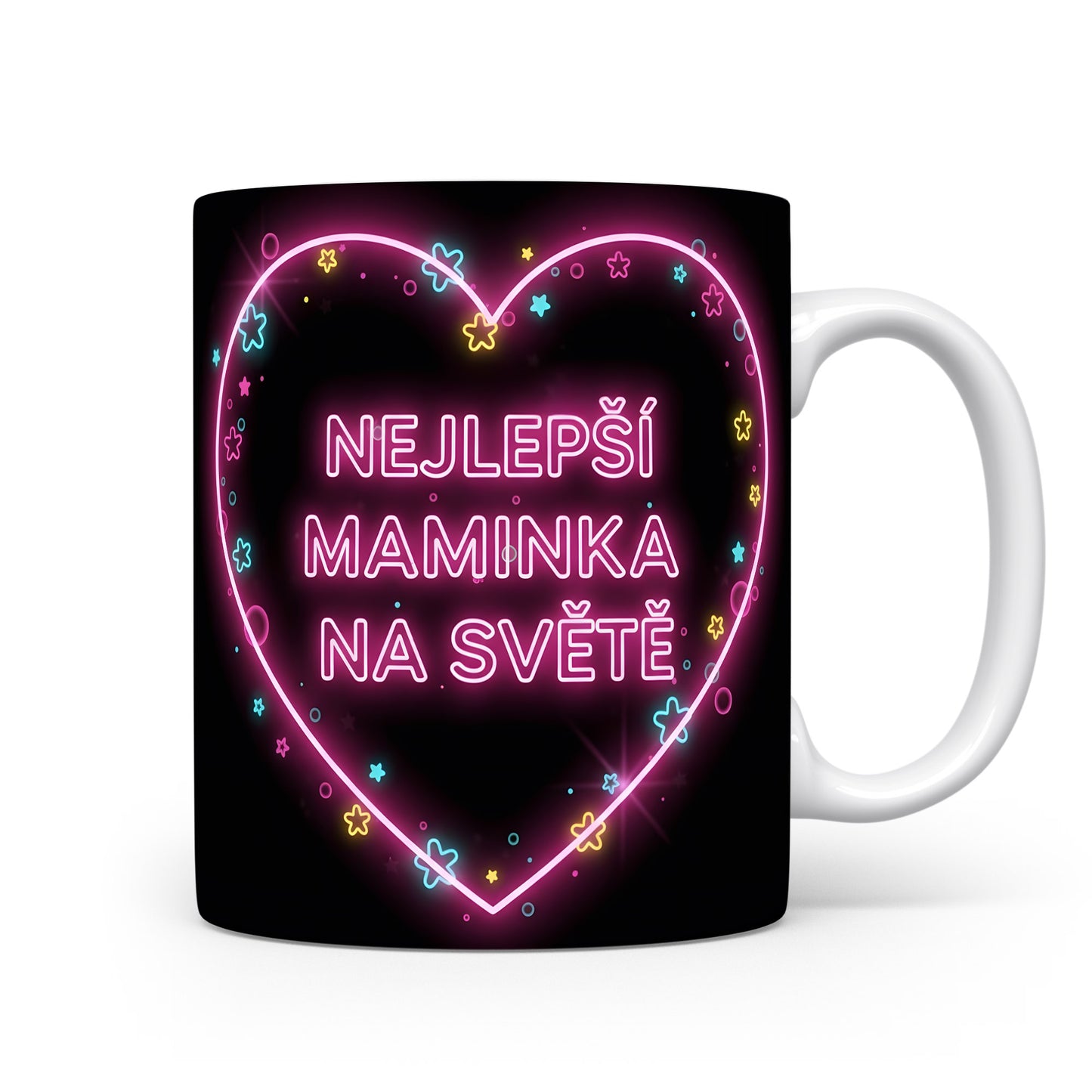 Hrnek NEJLEPŠÍ MAMINKA NA SVĚTĚ – zářící neonové srdce s hvězdičkami – varianta 11