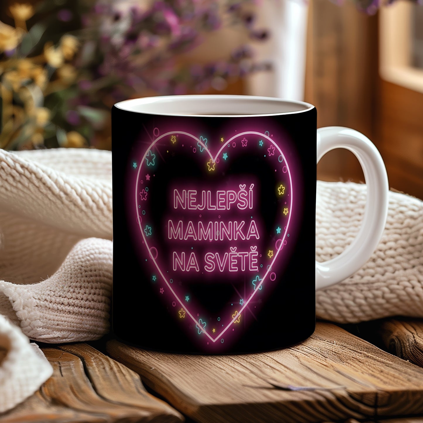 Hrnek NEJLEPŠÍ MAMINKA NA SVĚTĚ – zářící neonové srdce s hvězdičkami – varianta 44