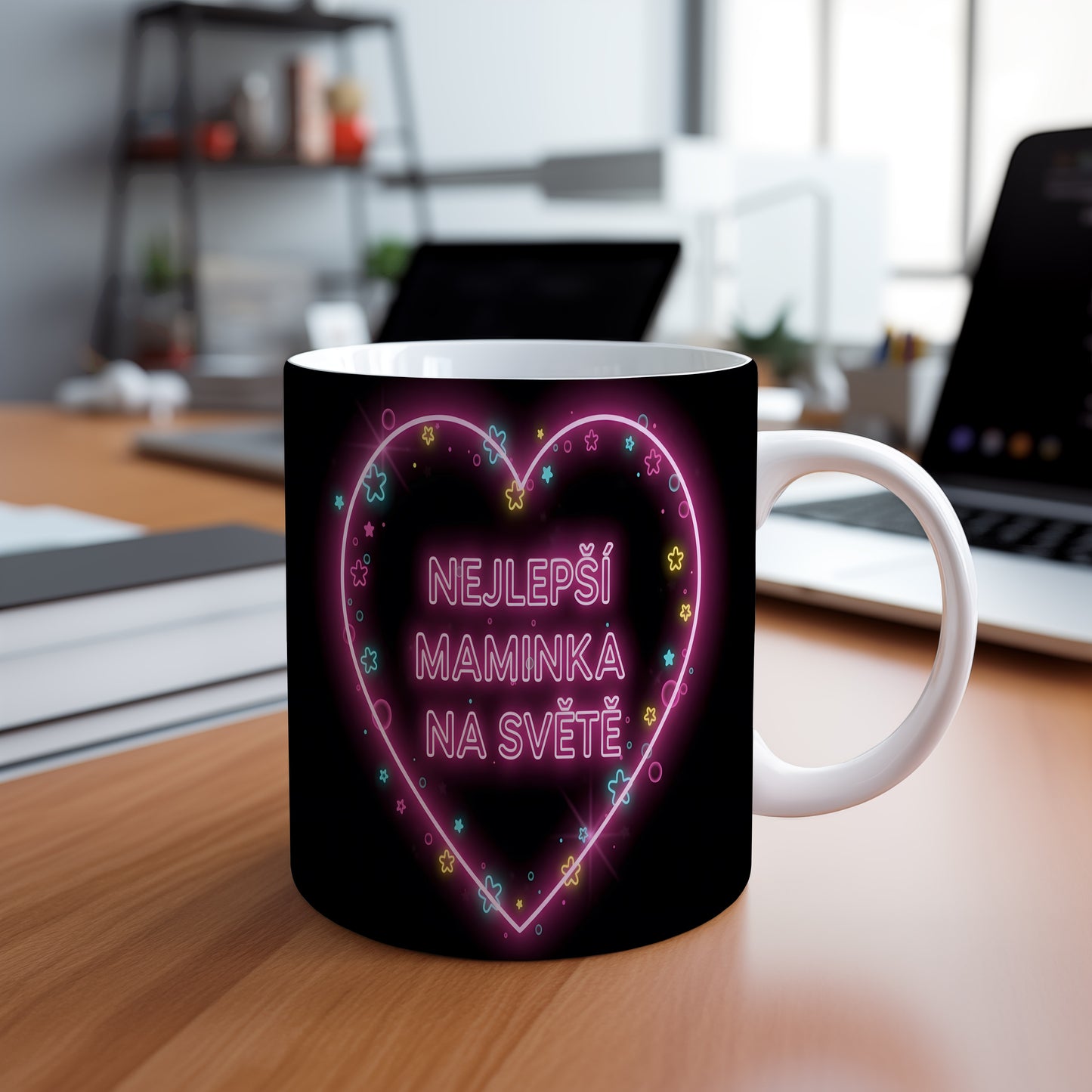 Hrnek NEJLEPŠÍ MAMINKA NA SVĚTĚ – zářící neonové srdce s hvězdičkami – varianta 88