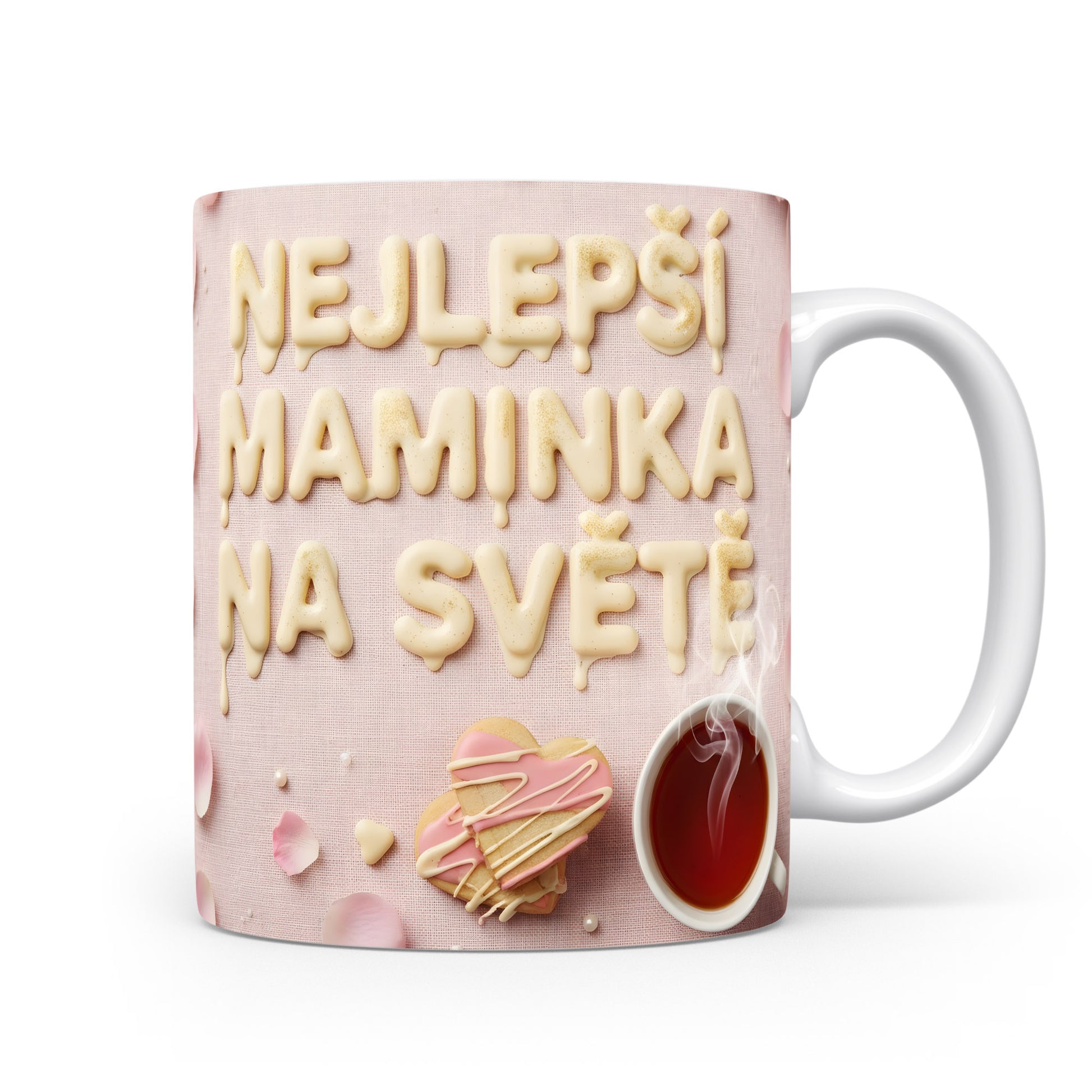 Hrnek Nejlepší maminka na světě – růžové lístky a srdce na textilním pozadí – varianta 11