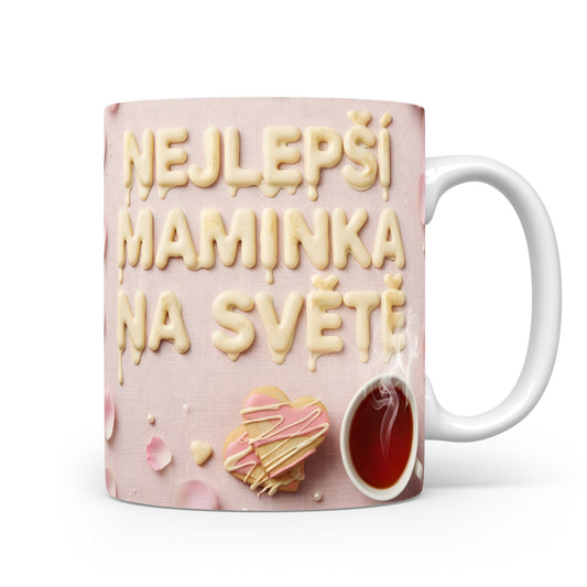 Hrnek Nejlepší maminka na světě – růžové lístky a srdce na textilním pozadí – varianta 11