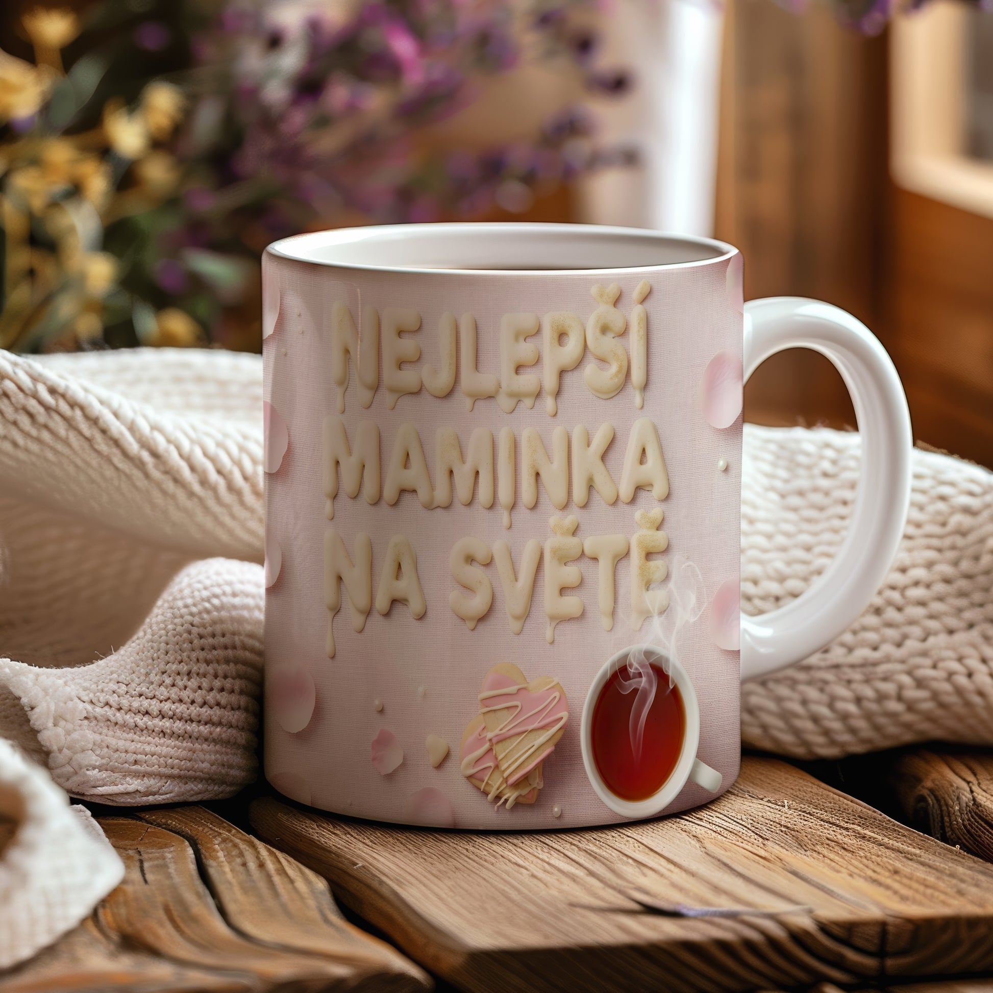 Hrnek Nejlepší maminka na světě – růžové lístky a srdce na textilním pozadí – varianta 44