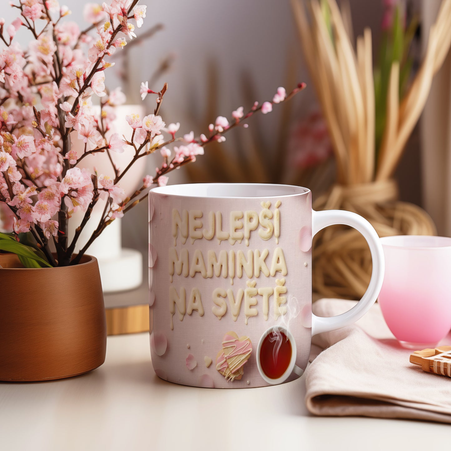 Hrnek Nejlepší maminka na světě – růžové lístky a srdce na textilním pozadí – varianta 55