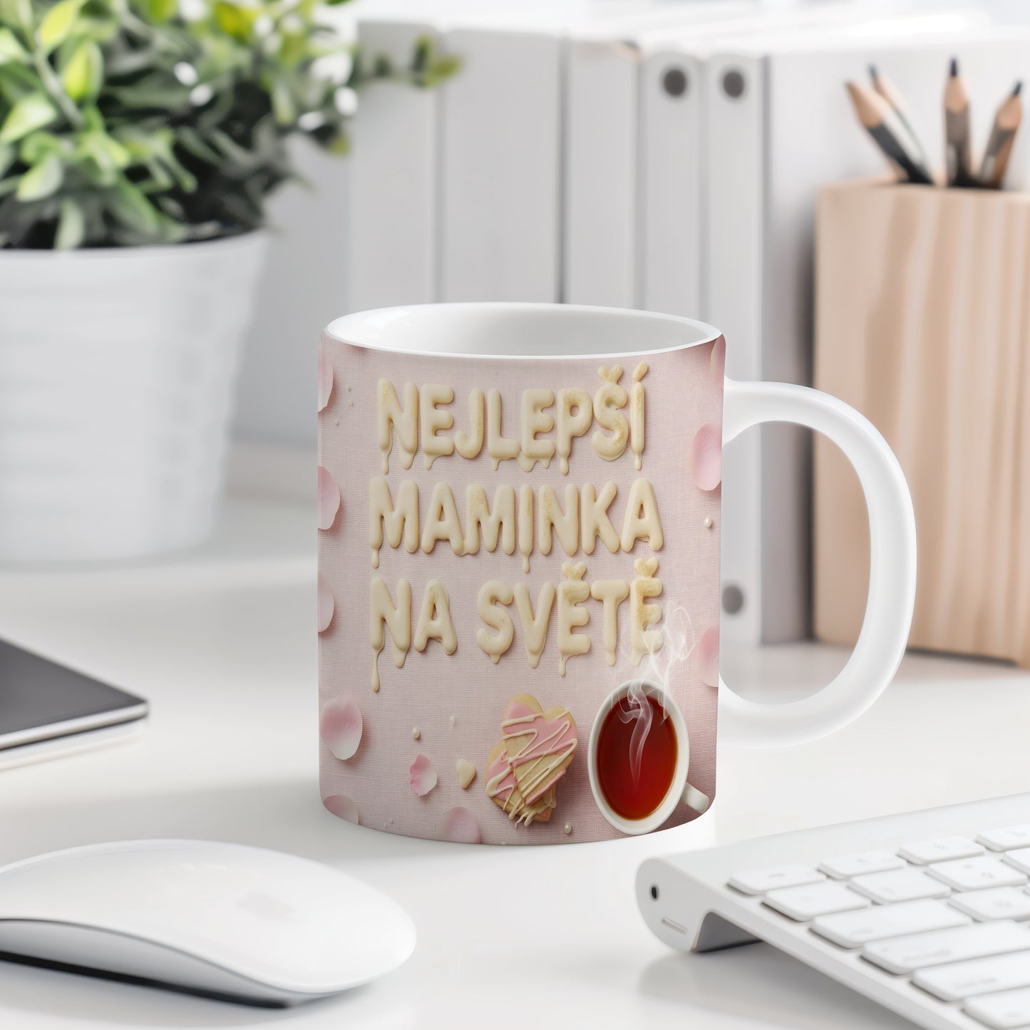 Hrnek Nejlepší maminka na světě – růžové lístky a srdce na textilním pozadí – varianta 77