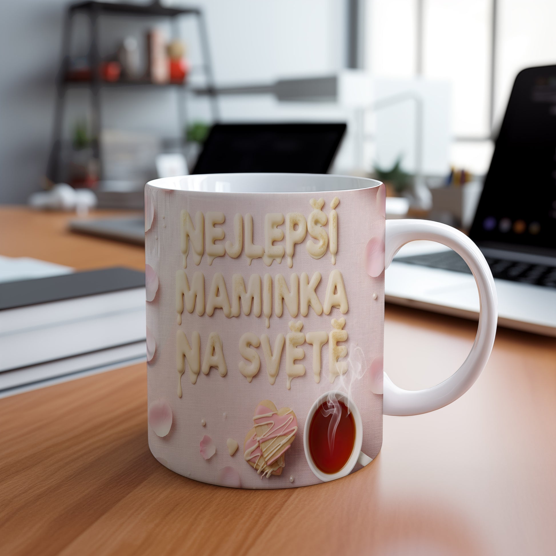 Hrnek Nejlepší maminka na světě – růžové lístky a srdce na textilním pozadí – varianta 88