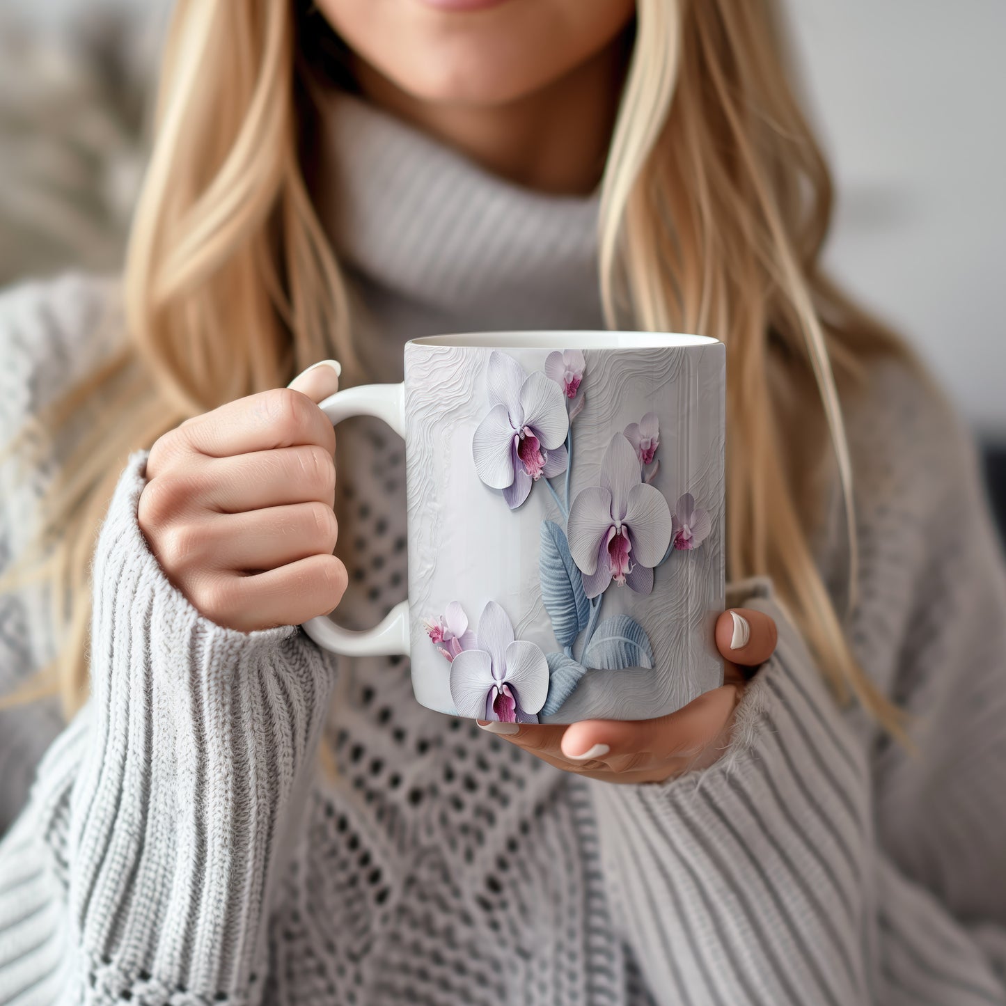 Hrnek s motivem orchidejí – malířským vzhledem