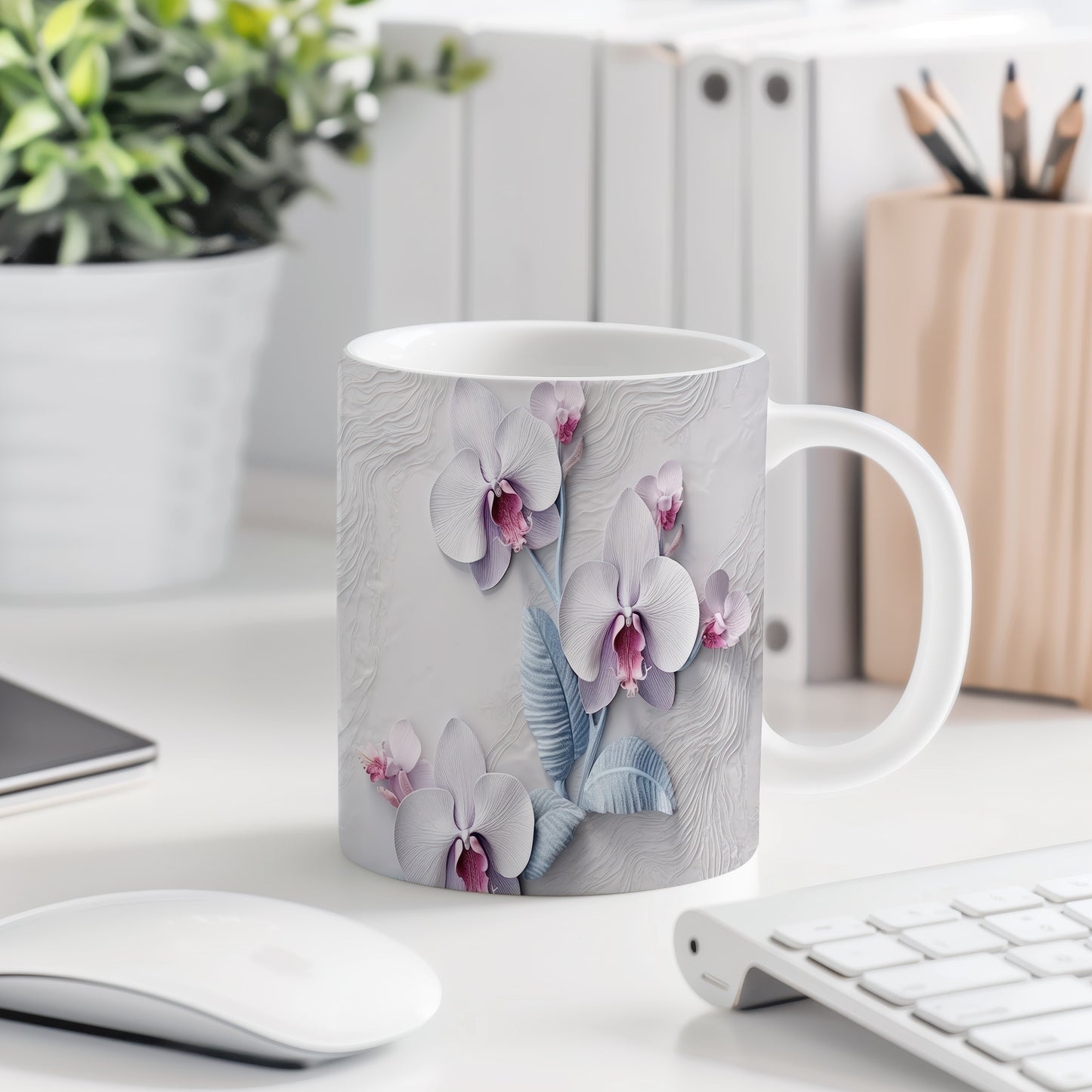 Hrnek s motivem orchidejí – malířským vzhledem