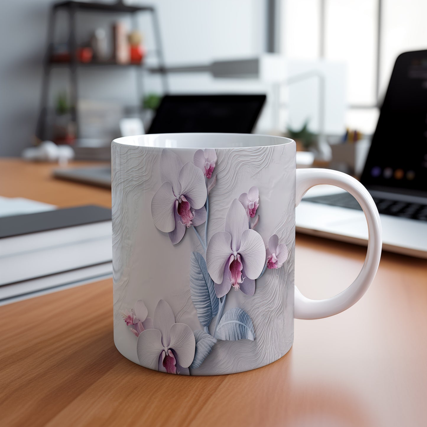 Hrnek s motivem orchidejí – malířským vzhledem