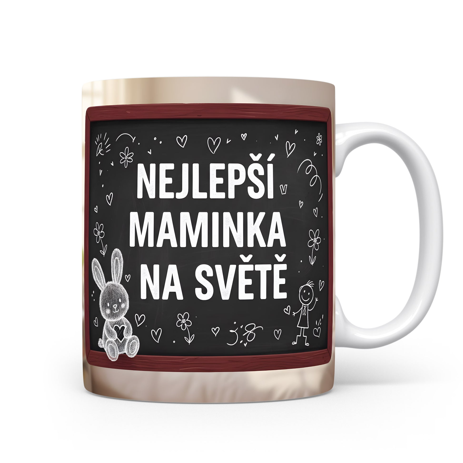 Hrnek Nejlepší maminka na světě – hravý králíček a květiny na tabuli – varianta 11