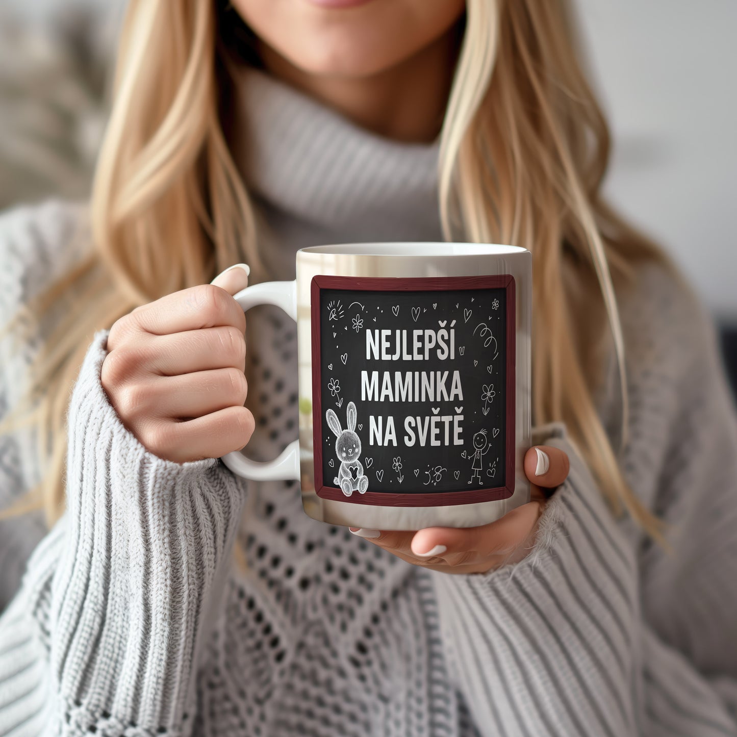 Hrnek Nejlepší maminka na světě – hravý králíček a květiny na tabuli – varianta 22
