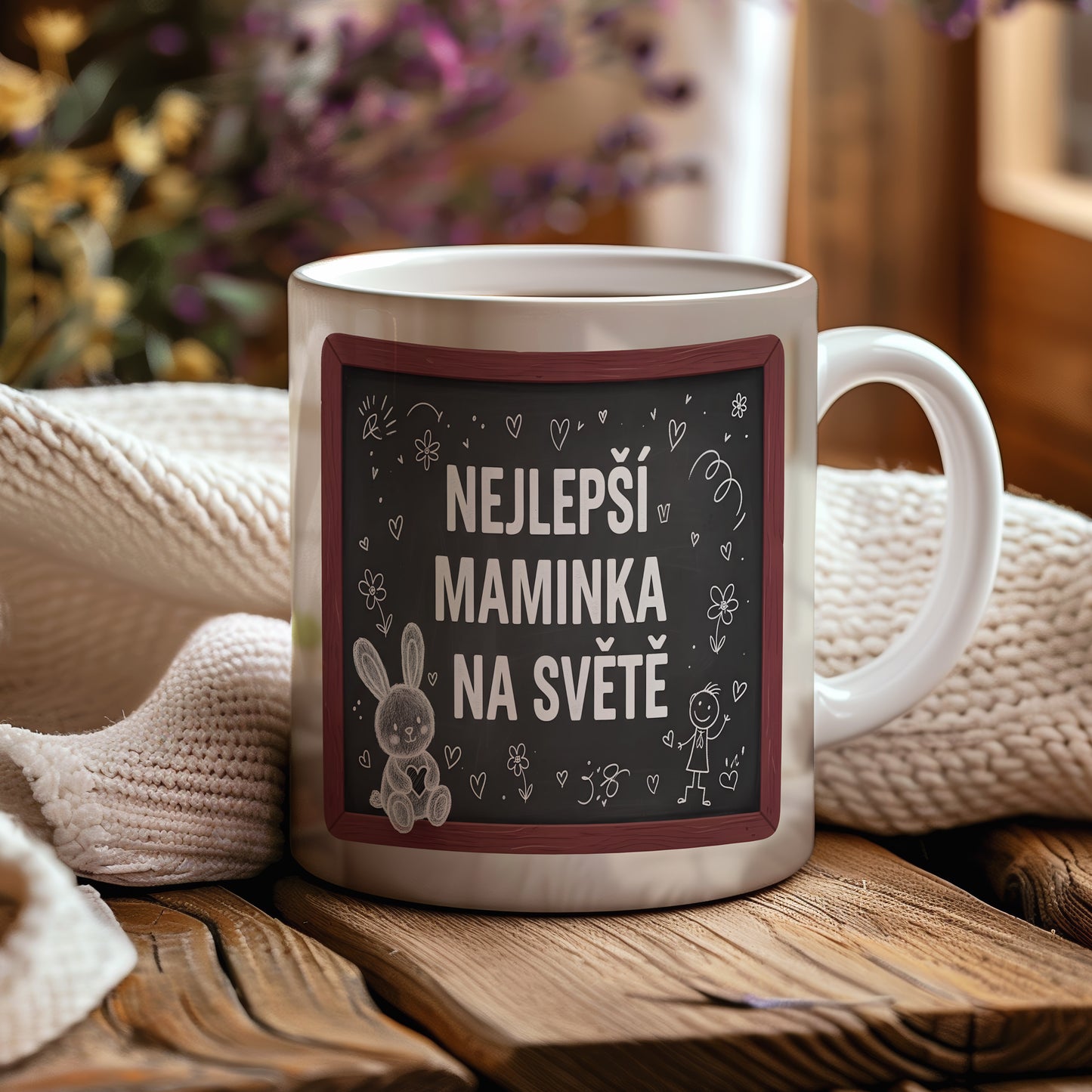 Hrnek Nejlepší maminka na světě – hravý králíček a květiny na tabuli – varianta 44