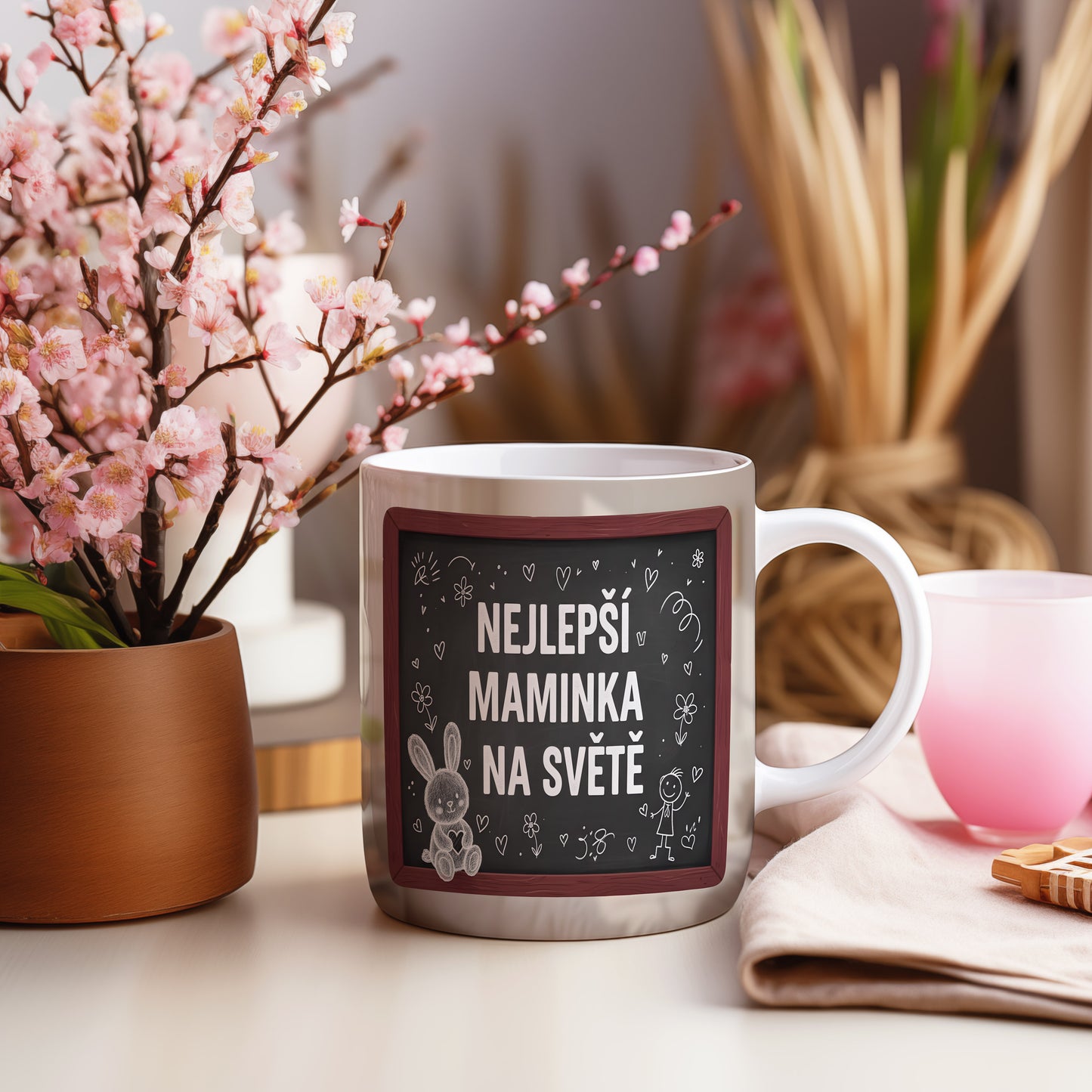 Hrnek Nejlepší maminka na světě – hravý králíček a květiny na tabuli – varianta 55