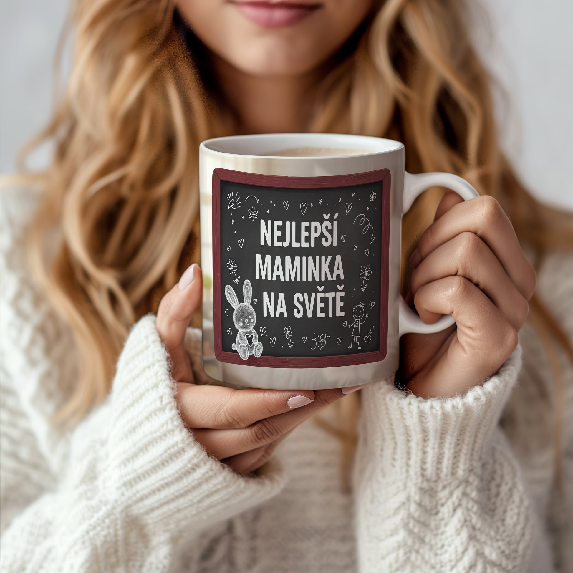 Hrnek Nejlepší maminka na světě – hravý králíček a květiny na tabuli – varianta 66