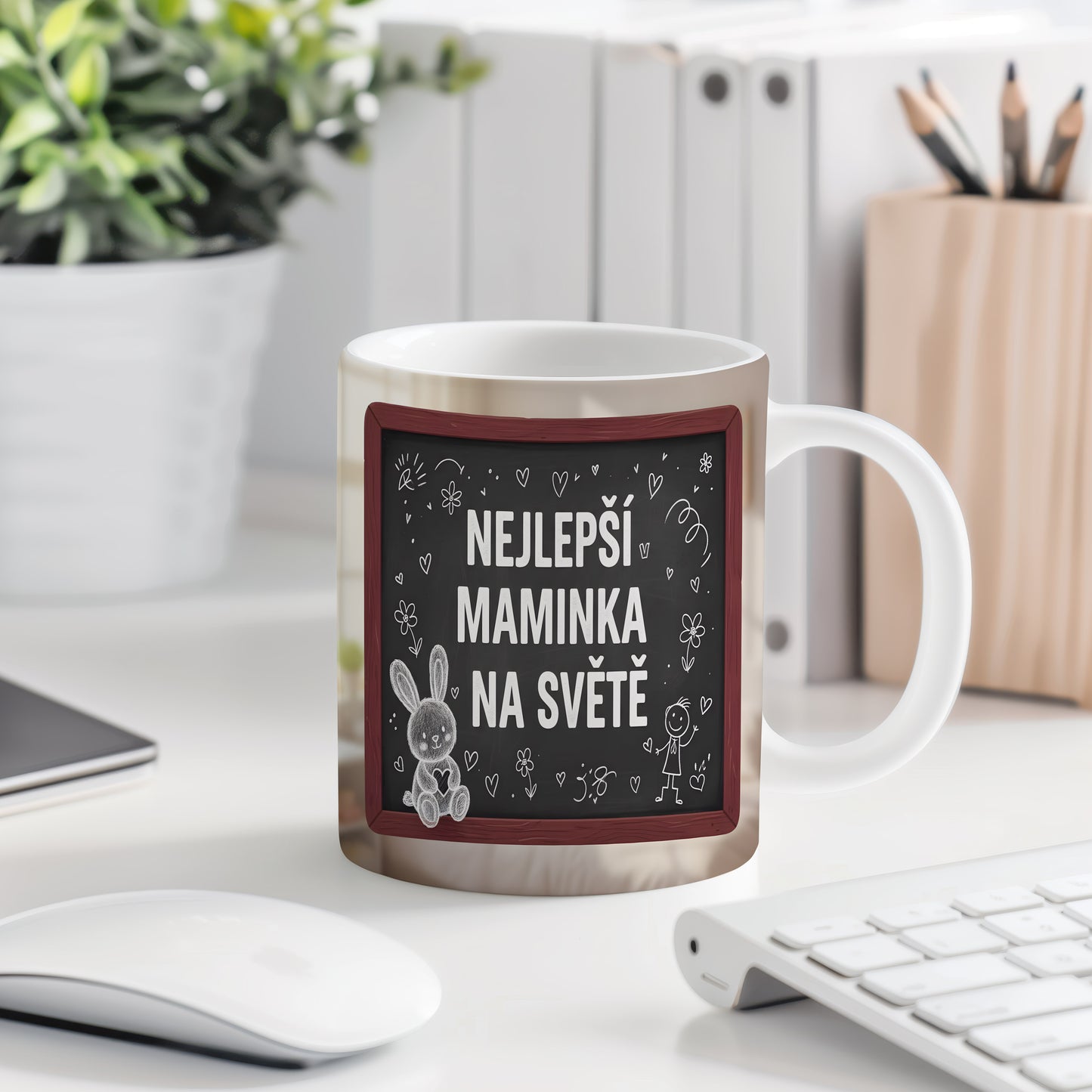 Hrnek Nejlepší maminka na světě – hravý králíček a květiny na tabuli – varianta 77