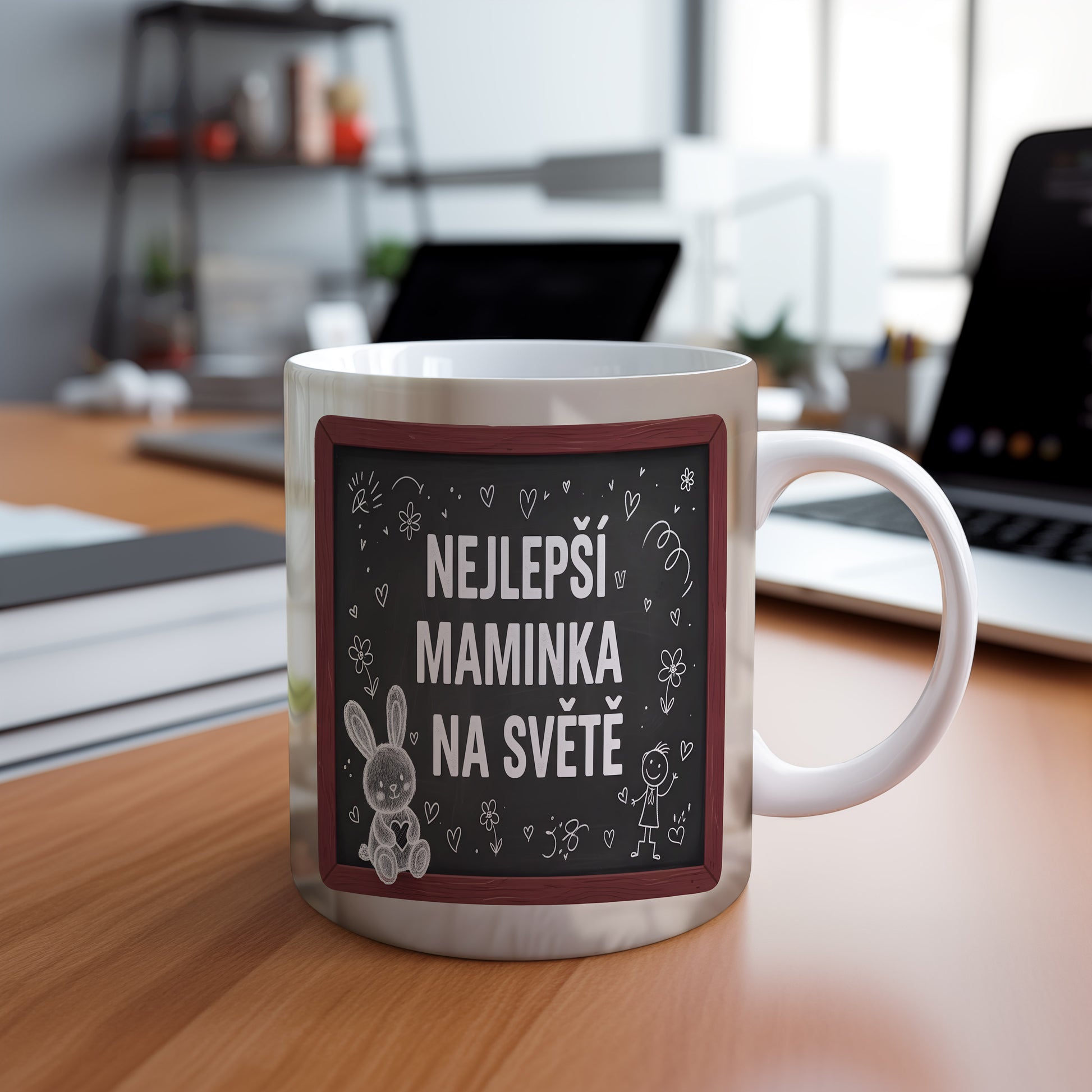 Hrnek Nejlepší maminka na světě – hravý králíček a květiny na tabuli – varianta 88