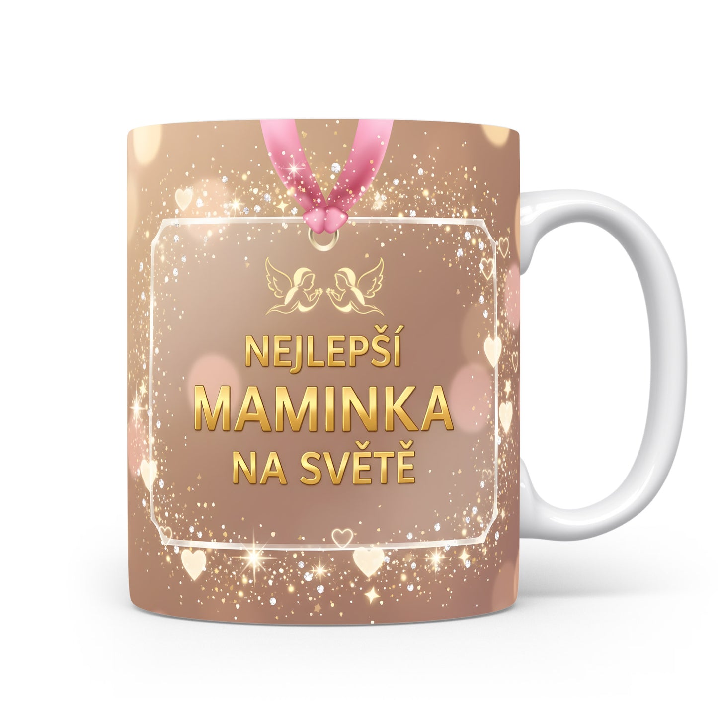 Hrnek NEJLEPŠÍ MAMINKA NA SVĚTĚ – zlaté třpytky a růžové srdíčka – varianta 11