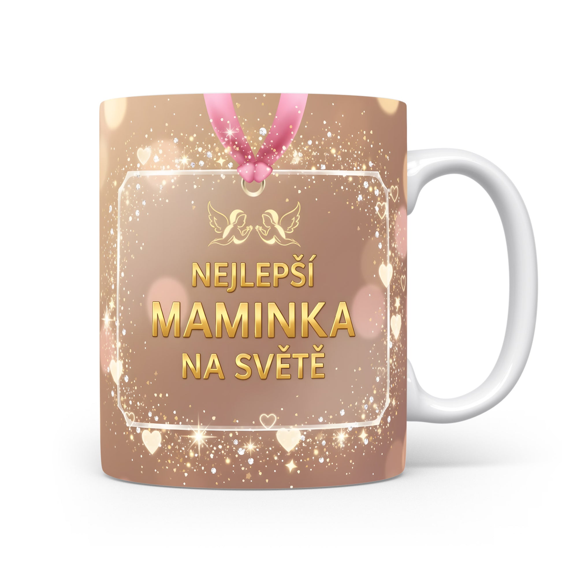 Hrnek NEJLEPŠÍ MAMINKA NA SVĚTĚ – zlaté třpytky a růžové srdíčka – varianta 11