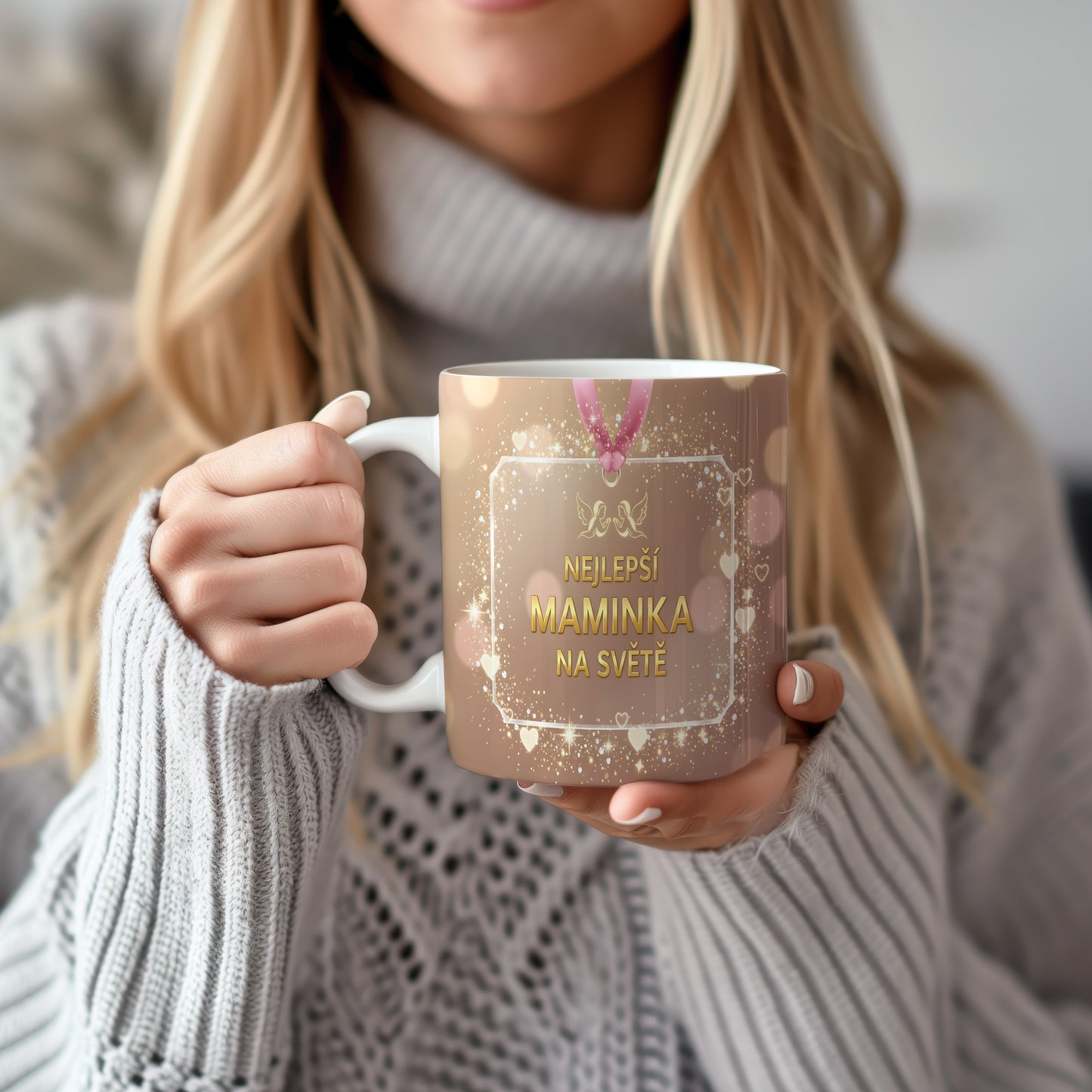 Hrnek NEJLEPŠÍ MAMINKA NA SVĚTĚ – zlaté třpytky a růžové srdíčka – varianta 22