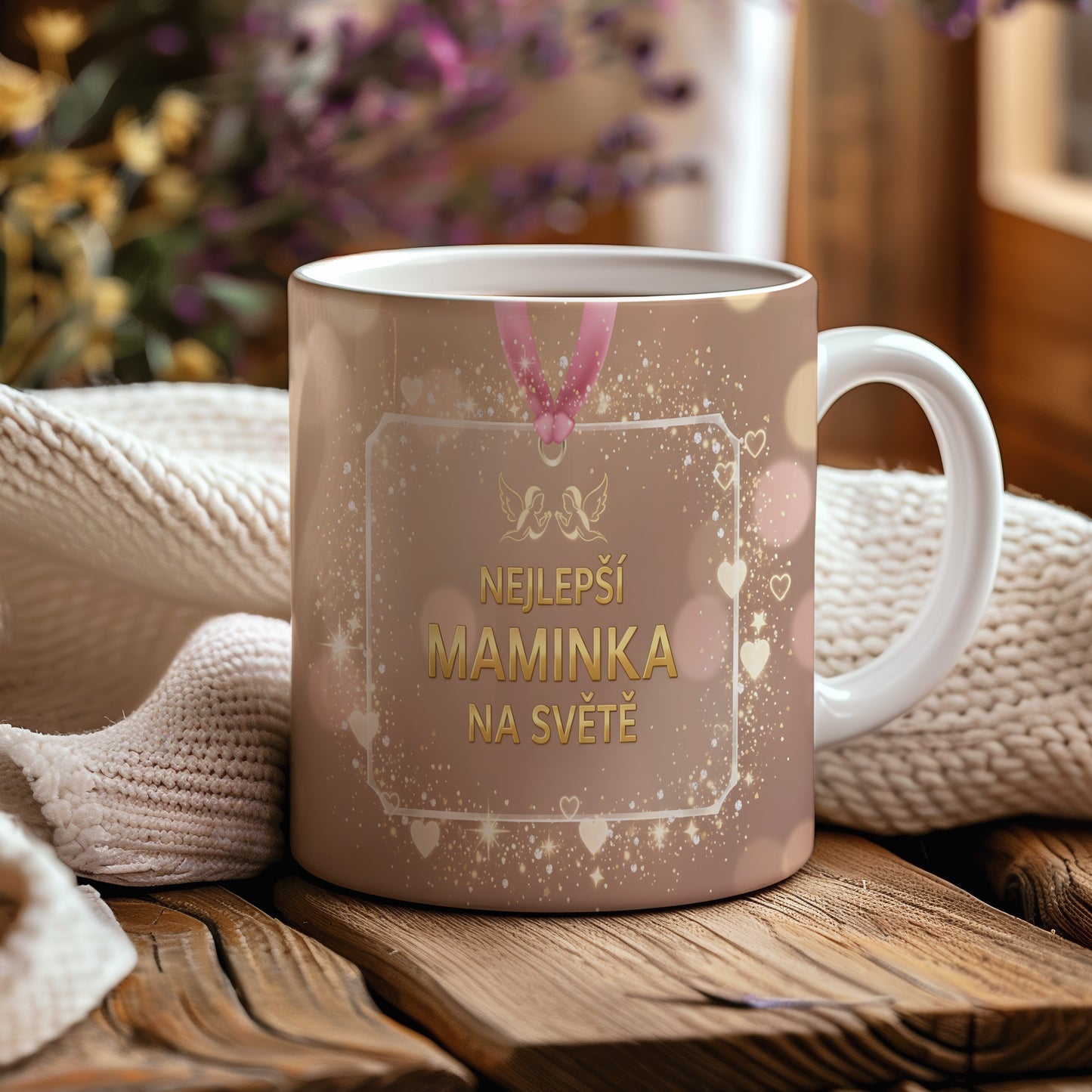 Hrnek NEJLEPŠÍ MAMINKA NA SVĚTĚ – zlaté třpytky a růžové srdíčka – varianta 44