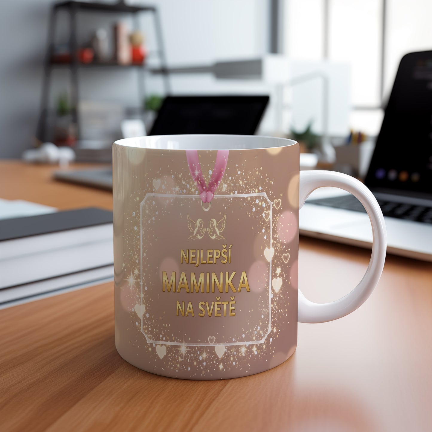 Hrnek NEJLEPŠÍ MAMINKA NA SVĚTĚ – zlaté třpytky a růžové srdíčka – varianta 88