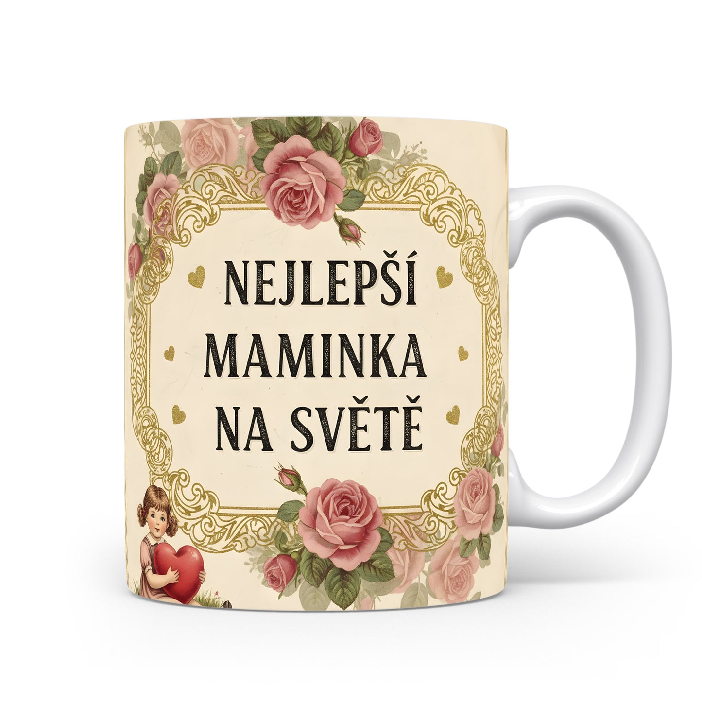 Hrnek Nejlepší maminka na světě – růžové růže a zlaté ornamenty – varianta 11