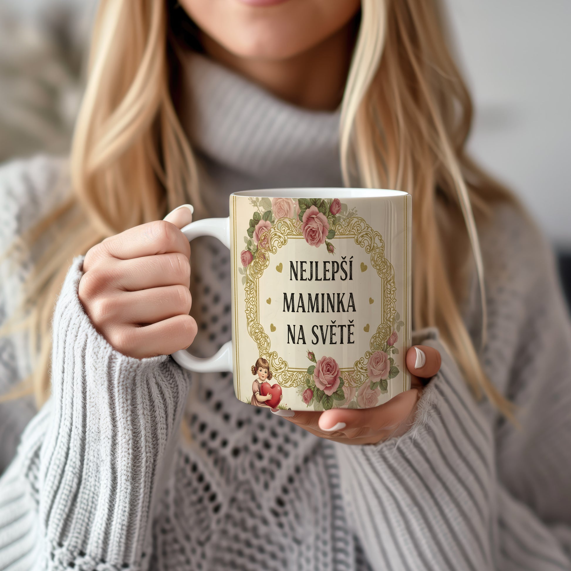 Hrnek Nejlepší maminka na světě – růžové růže a zlaté ornamenty – varianta 22