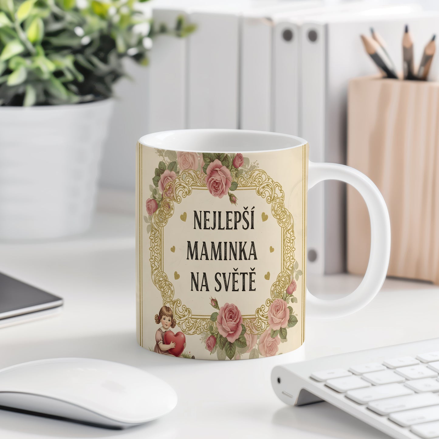 Hrnek Nejlepší maminka na světě – růžové růže a zlaté ornamenty – varianta 77