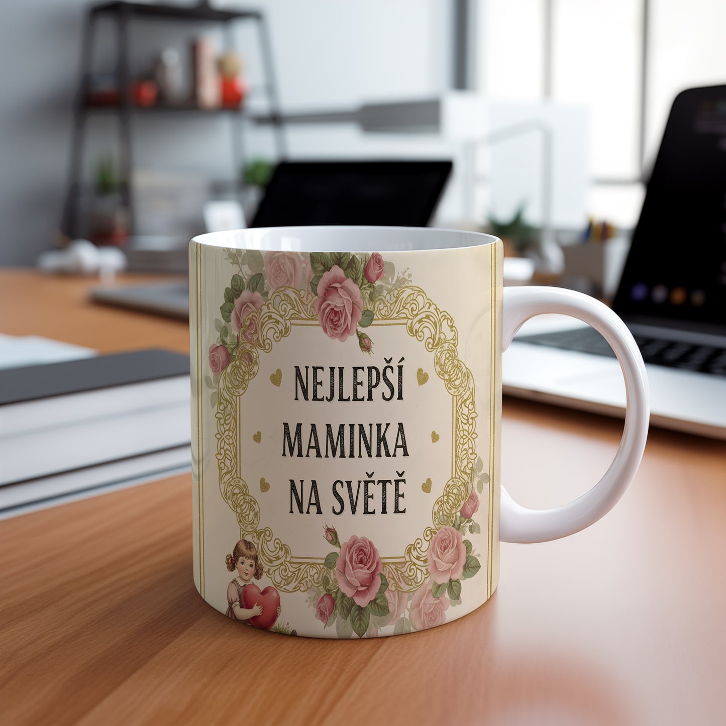 Hrnek Nejlepší maminka na světě – růžové růže a zlaté ornamenty – varianta 88