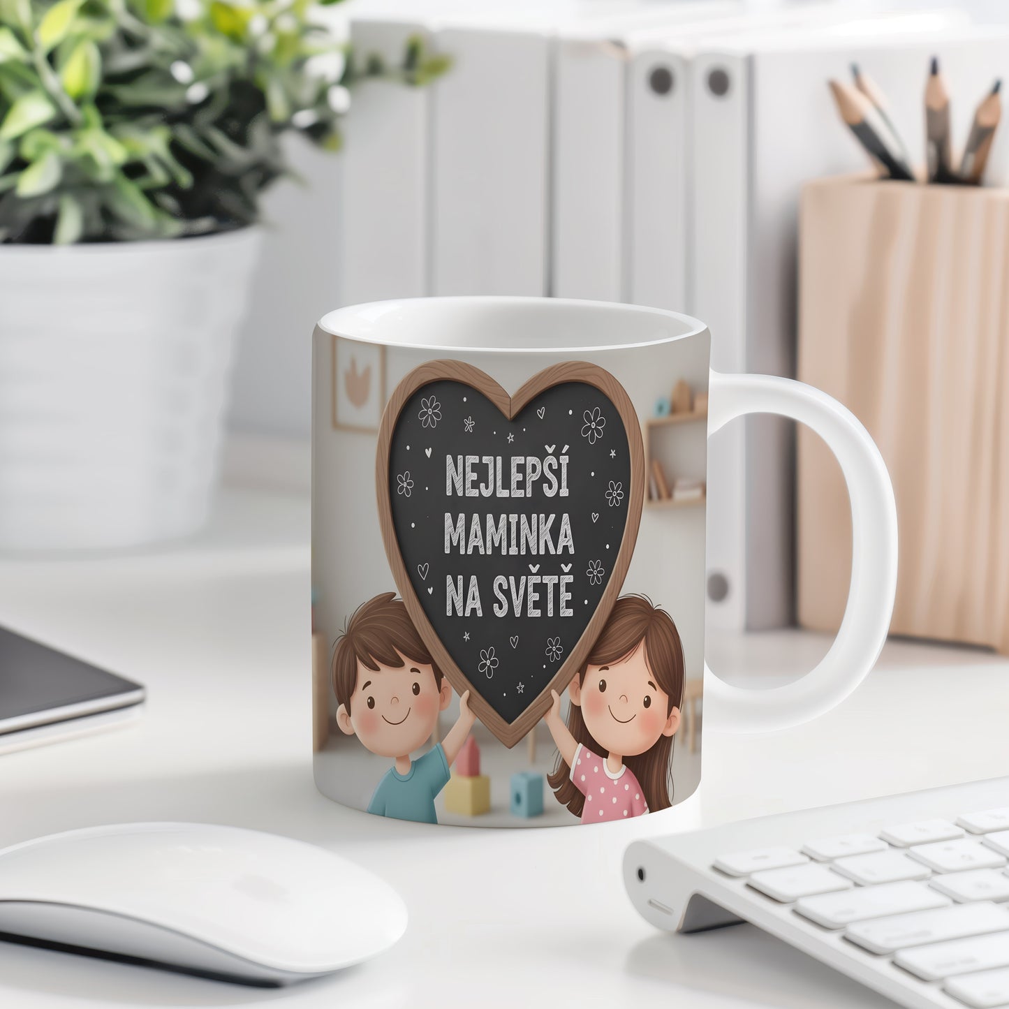 Hrnek Nejlepší maminka na světě – děti s tabulí na pastelovém pozadí – varianta 77