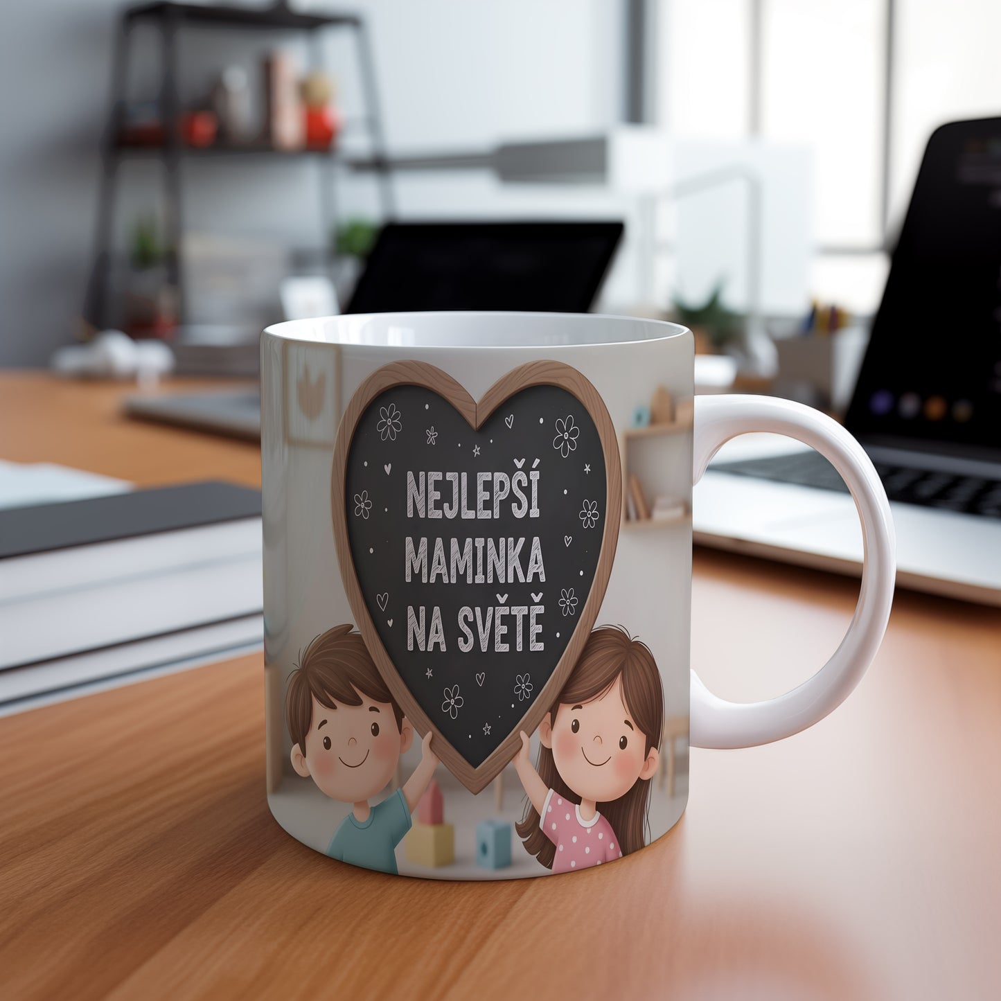 Hrnek Nejlepší maminka na světě – děti s tabulí na pastelovém pozadí – varianta 88
