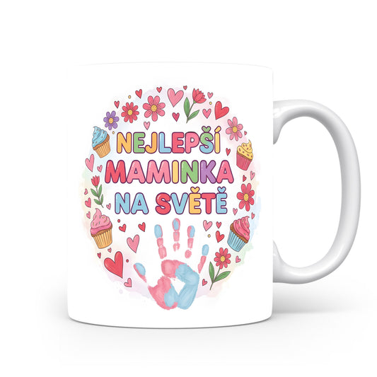Hrnek NEJLEPŠÍ MAMINKA NA SVĚTĚ – barevné květiny a dortíky na pastelovém pozadí – varianta 11