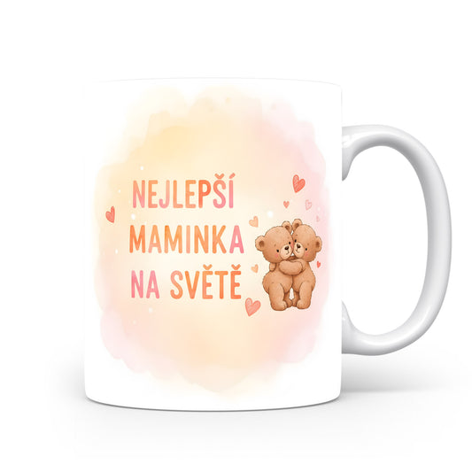 Hrnek Nejlepší maminka na světě – medvídci v objetí na akvarelovém pozadí – varianta 11
