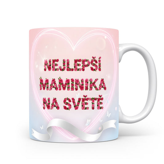 Hrnek NEJLEPŠÍ MAMINKA NA SVĚTĚ – růžové květy a motýli na pastelovém pozadí – varianta 11