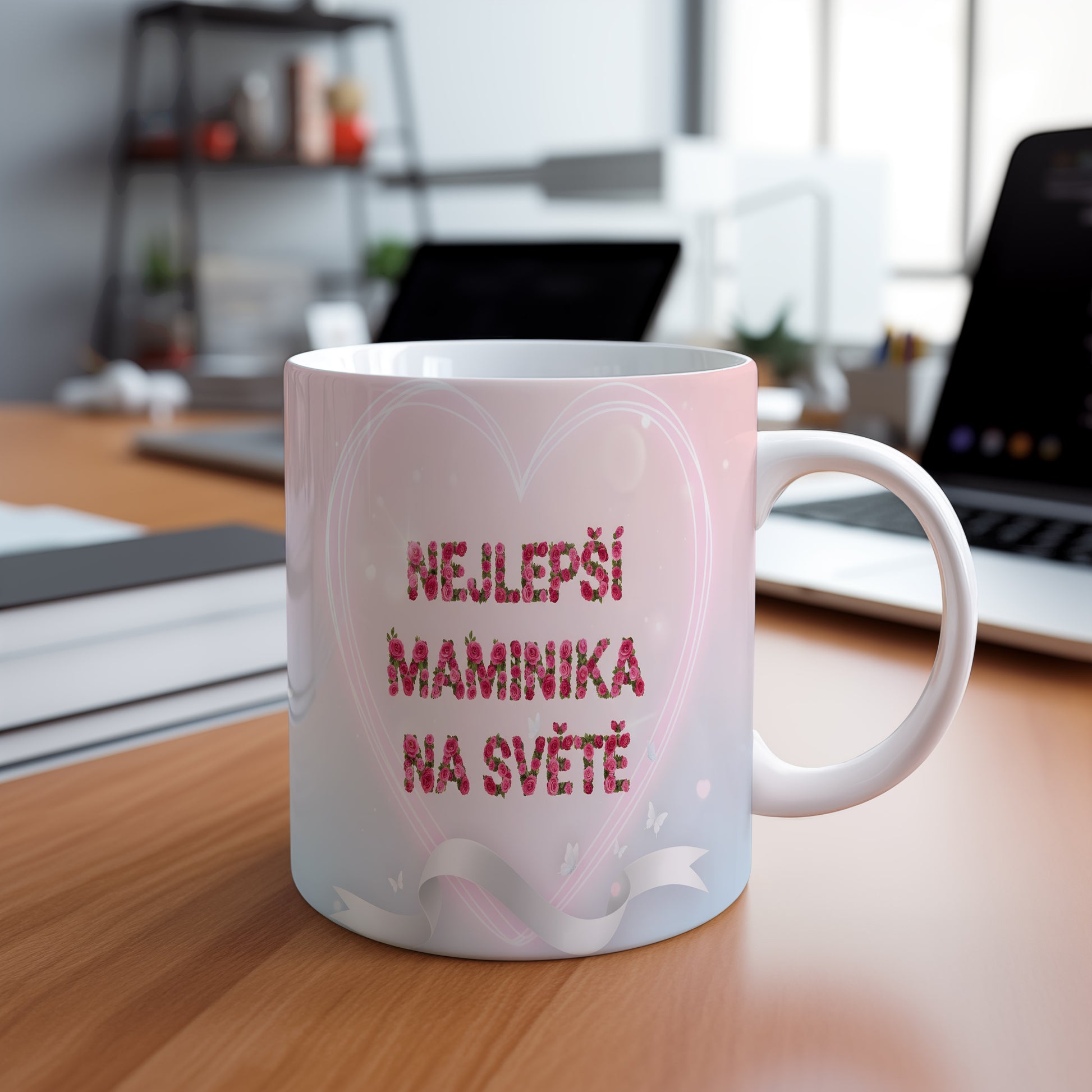 Hrnek NEJLEPŠÍ MAMINKA NA SVĚTĚ – růžové květy a motýli na pastelovém pozadí – varianta 88